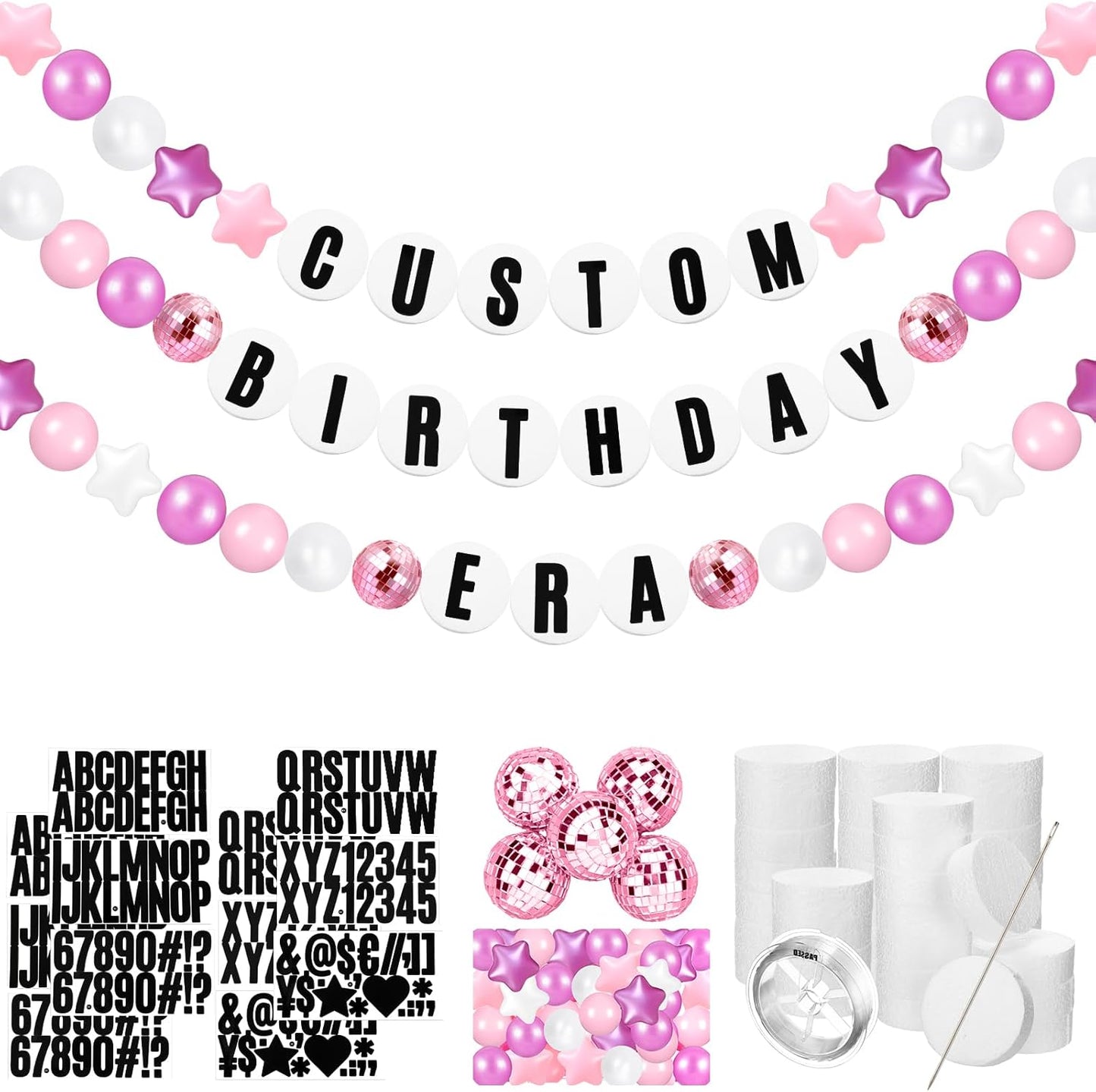 Giant Friendship Bracelet Garland Kit, DIY Birthday Banner with Letters Ball Jumbo Customizable Friendship Bracelet Decor for Halloween Christmas Wedding Party(White, Pink)