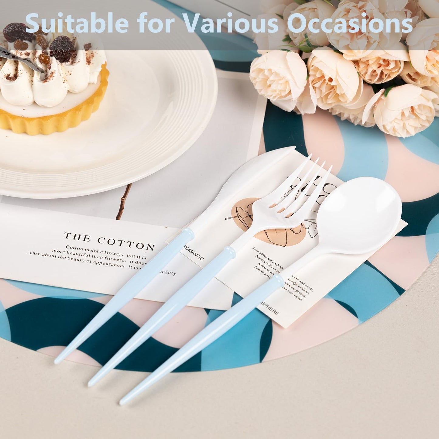 180PCS White Plastic Silverware with Blue Handle,Disposable Utensils Set Include 60 Forks,60 Knives,60 Spoons,Modern Heavy Duty Plastic Silverware Set for Party,Birthday,Wedding