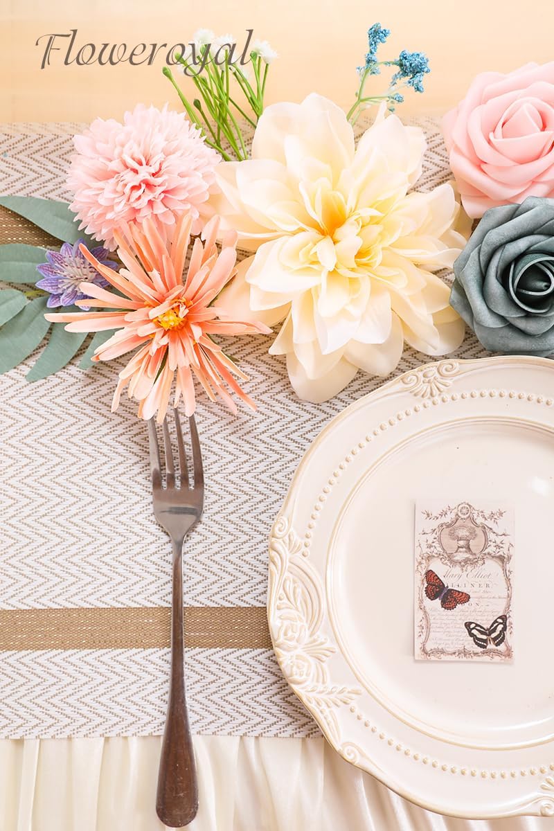 Floweroyal Artificial Flowers Combo Blue Flowers Mix Silk Flowers Dahlia Roses with Stems for DIY Wedding Bridal Bouquets, Baby Shower, Floral Arrangement, Table Centerpieces, Home Decorations.