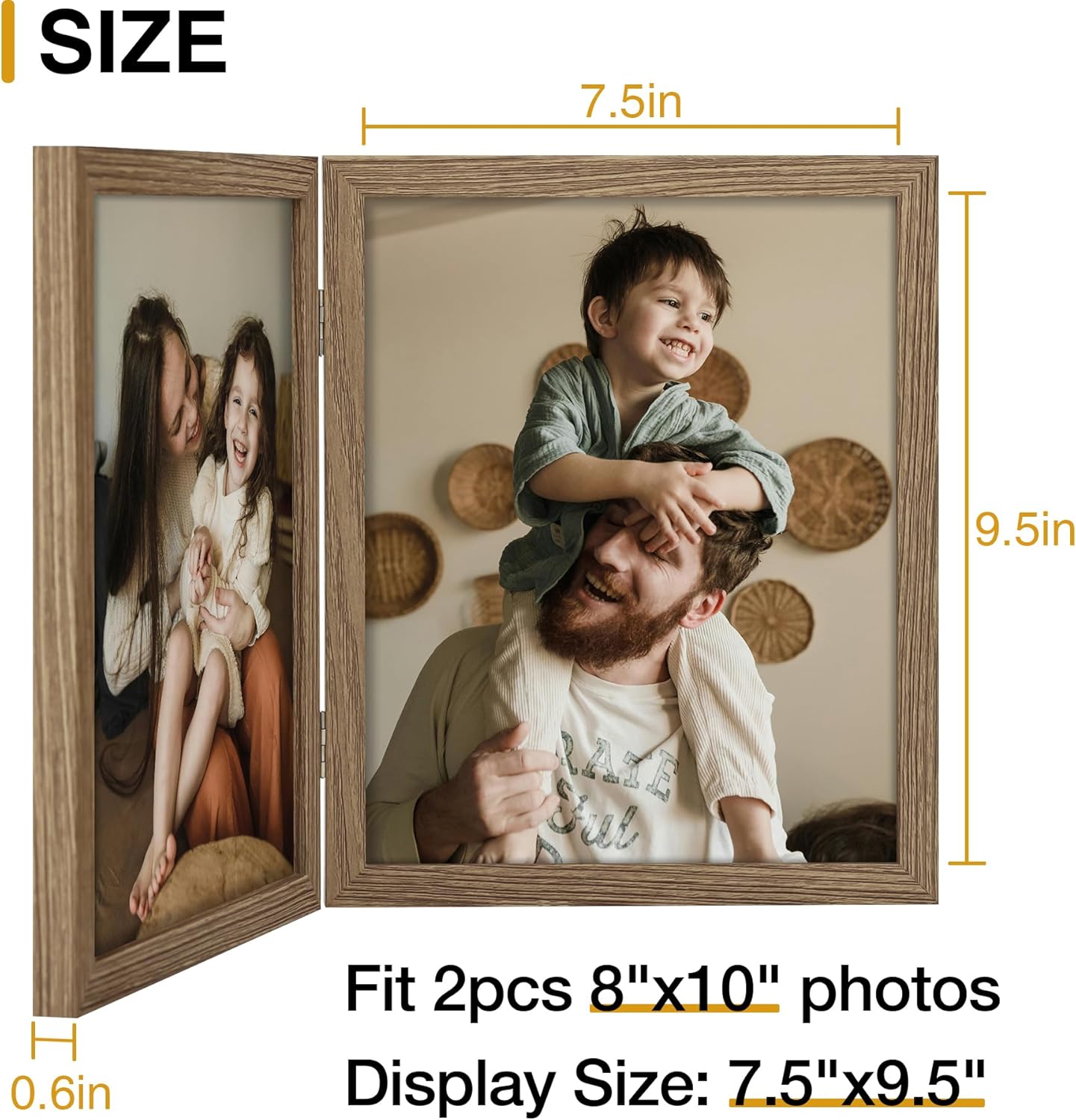 decorUhome Double 8x10 Picture Frame Vertical, Engineered Wood Bifold Photo Frame with Plexiglass for Tabletop Display, 8x10, Oak