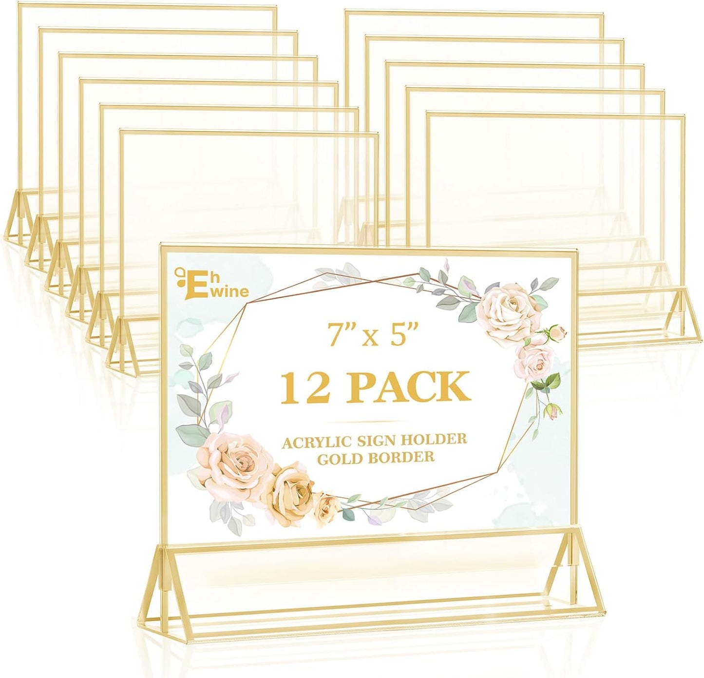 EHWINE 12 Pack Acrylic Sign Holder 5 x 7 Horizontal, Double-Sided Stand up Table Top Sign Holders, Gold Acrylic Picture Frame Menu Flyer Paper Holder Display Stand for Office Business Store Wedding Party