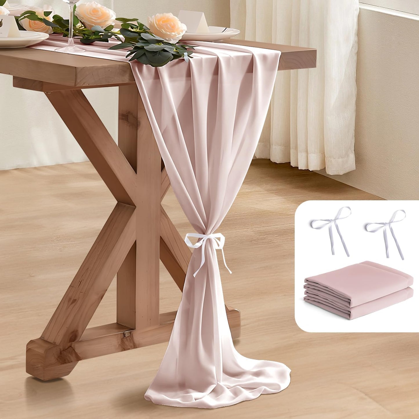 2 Pack 10 Ft Chiffon Table Runner Dusty Rose Gauze Long Table Runners 27x120 Inches Sheer Tulle Table Runner for Rustic Wedding Reception Bridal Shower Decorations Birthday Party
