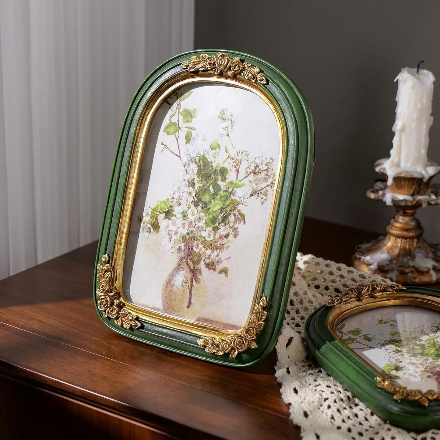 Cuspin Vintage 5x7 Picture Frame, Ornate Gold Green Arch Frames Resin Photo Frame with Glass Front for Tabletop or Wall Display, Antique Decorative Frame for Home Decor or Gift