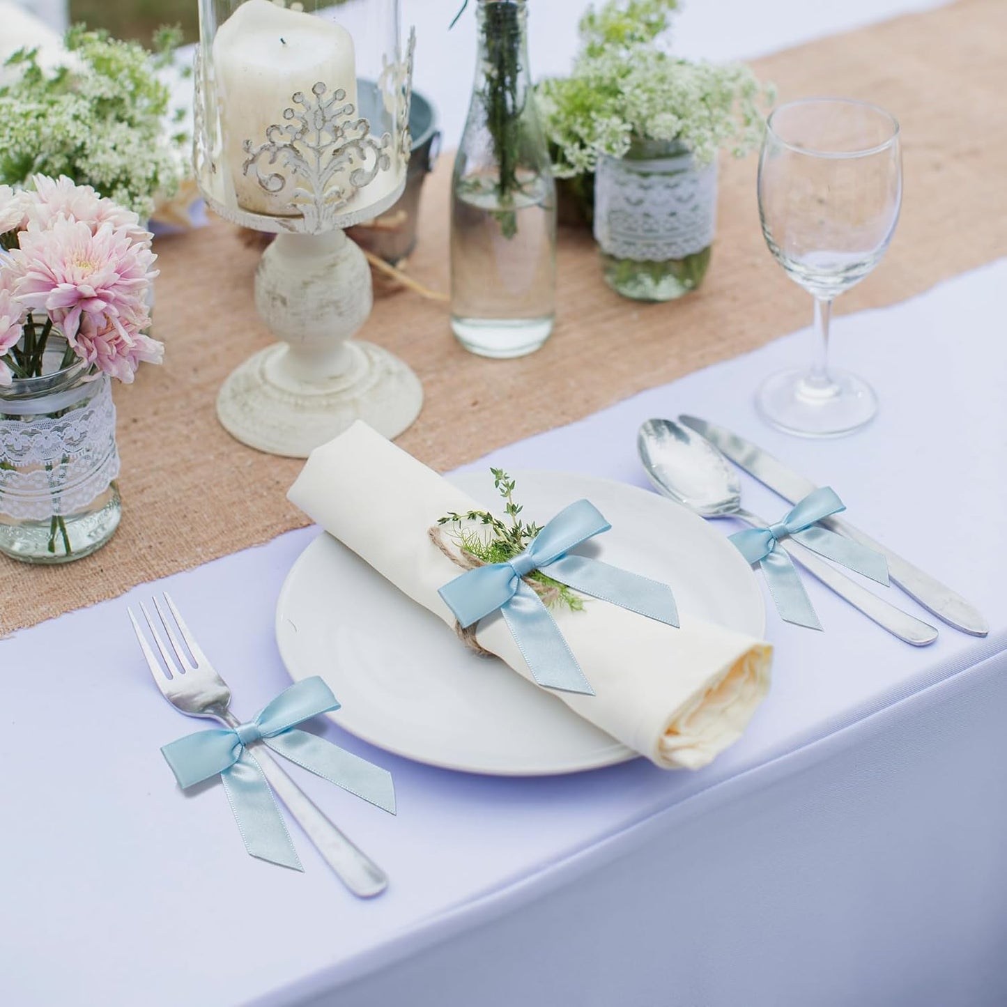 50Pcs Baby Blue Twist Tie Bows for Gift Wrapping 2.5" Satin Ribbon Bow for Treat Bags Cake Balloons Birthday Party Favors Wedding Decorations