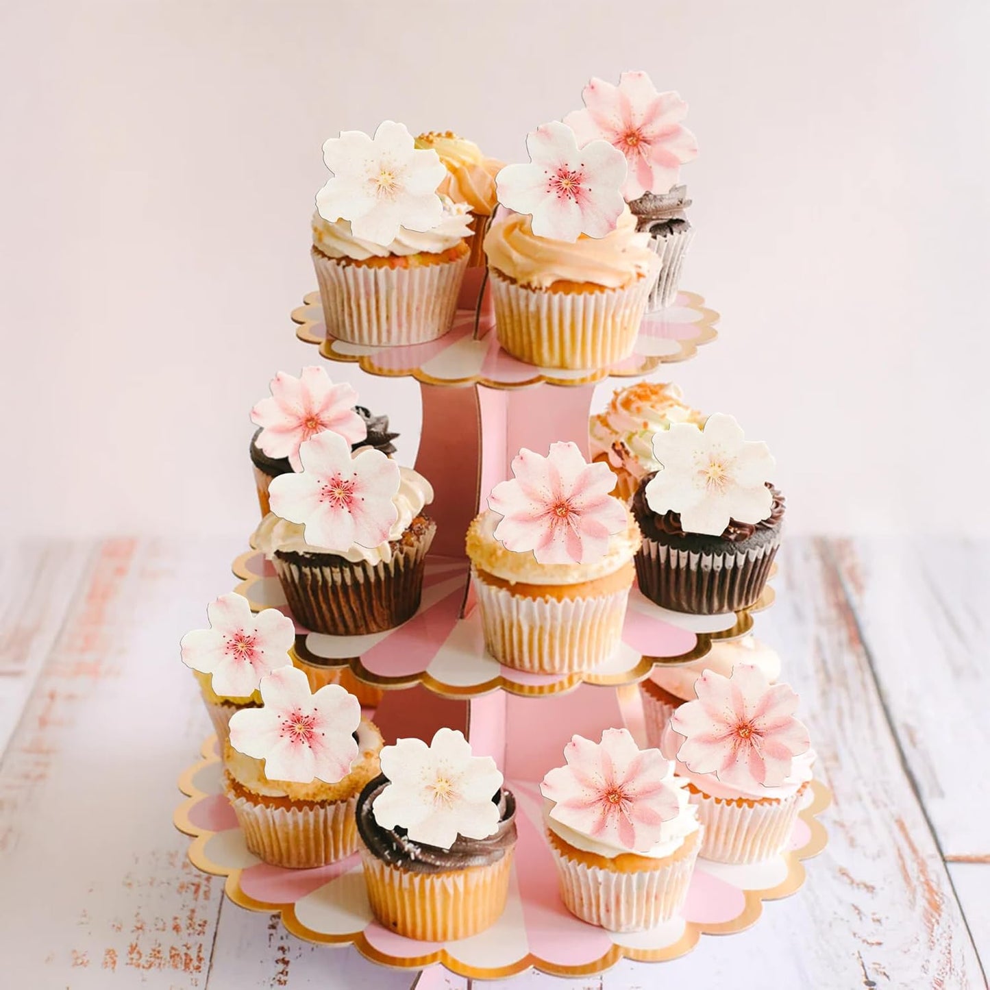 Ephlyn 54Pcs Edible Cherry Blossom Cake Decoration Spring Flowers Cupcake Toppers Wafer Paper Flowers Cake Decoration Wedding Birthday Baby Shower Party Supplies Multicolor