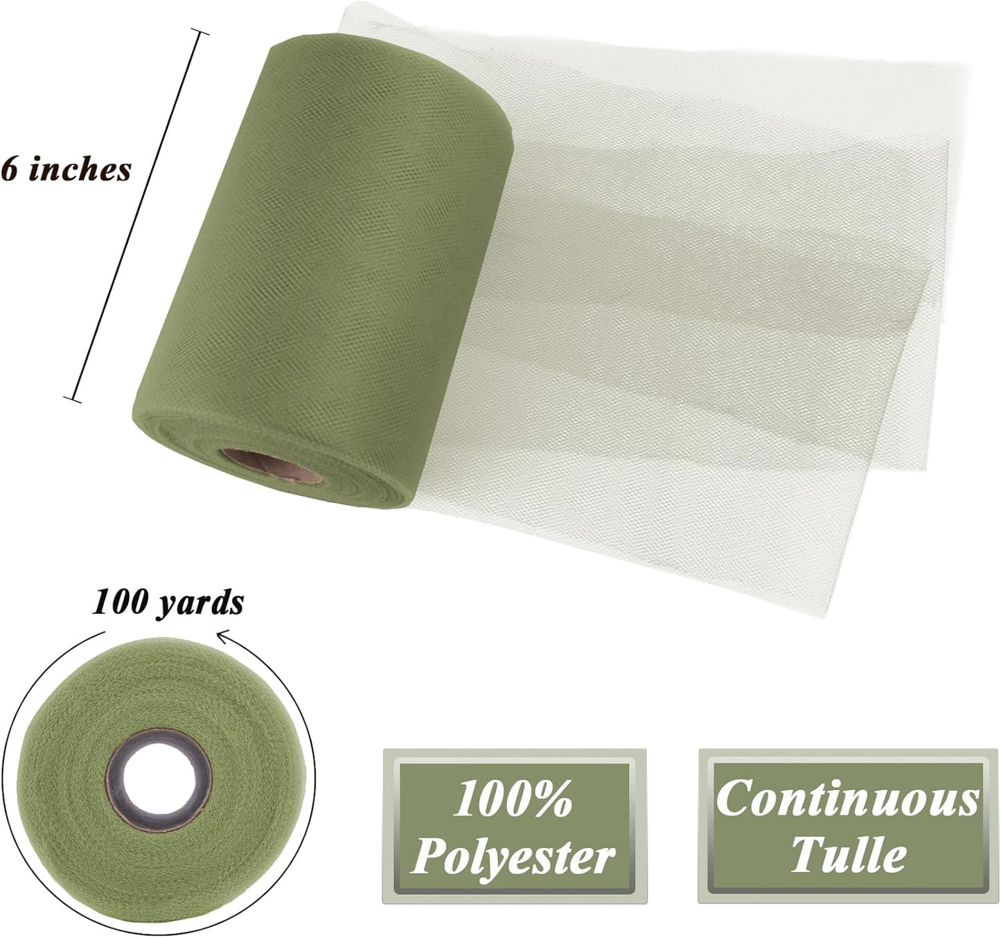 Olive Green Tulle Fabric Roll 6”by 100 Yards (300 ft) Soft Tulle Spool for DIY Crafting Favor Supplies, Tutus, Wedding, Party Decorations, Gift Wrapping
