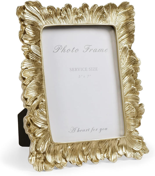Cuspin Gold 5x7 Picture Frame, Vintage Gold Palm Leaves Textured Hand-Crafted Resin with Glass Front Elegant Retro Vintage Design Photo Frame for Wall and Tabletop Display Home Decor