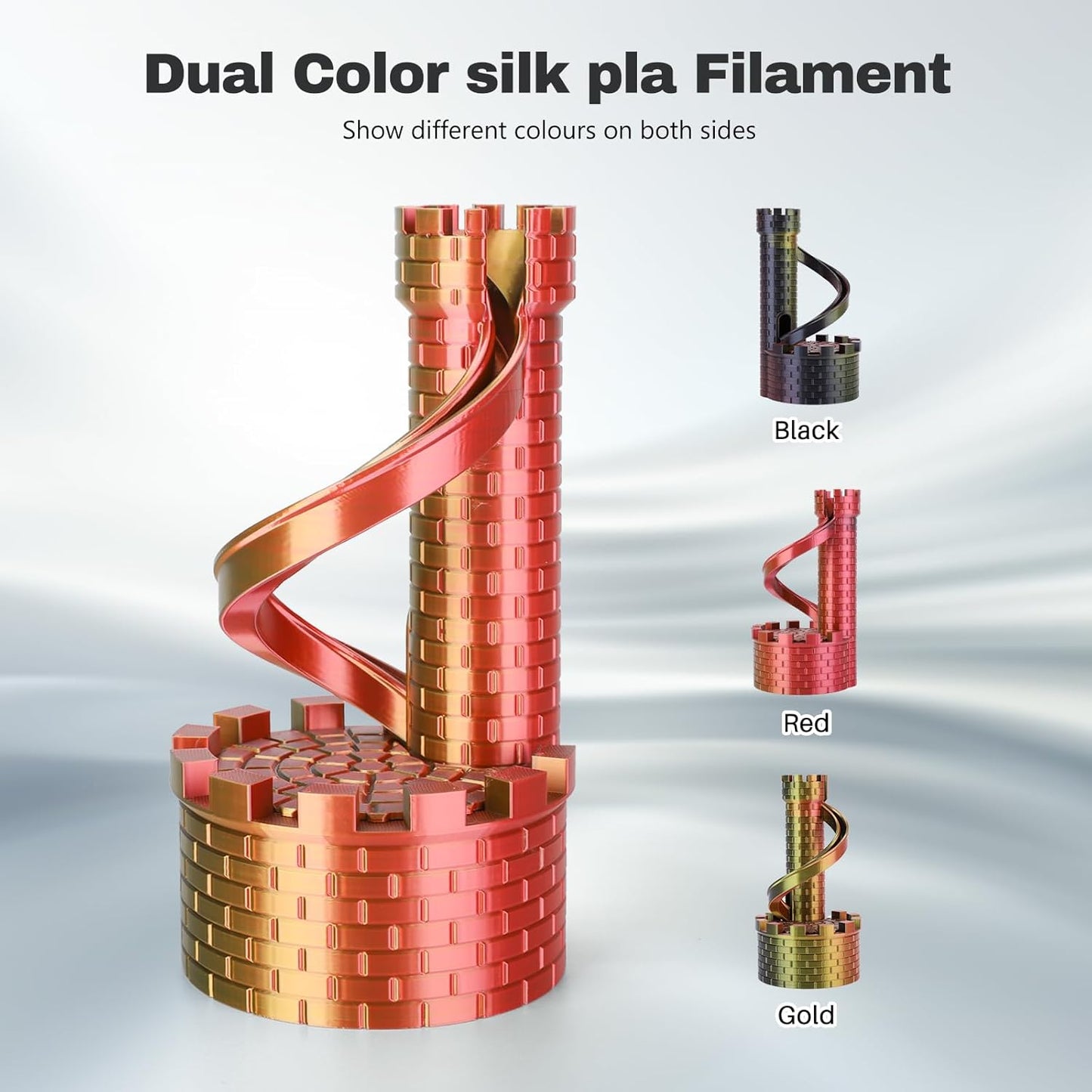 Silk PLA Filament 1.75mm Black Red Gold Triple Color PLA 3D Printer Filament 3 in 1 Coextrusion 1KG Spool(2.2lbs) 3D Printing Filament Dimensional Accuracy +/- 0.03mm