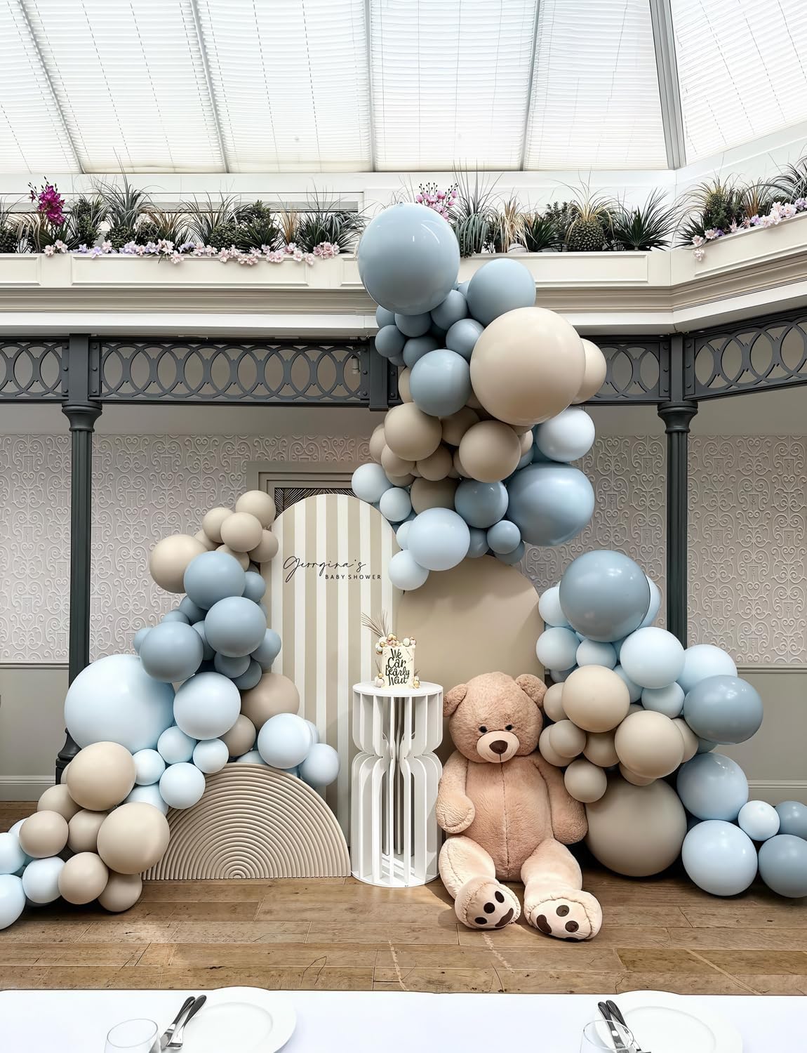 Dusty Blue and Gold Balloons - 12 Inch Dusty Blue Balloons Metallic Gold Sand White Latex Balloon Baby Shower Balloon for Girls Gender Reveal Birthday Party Supplies, Boy Baby Shower Decoration