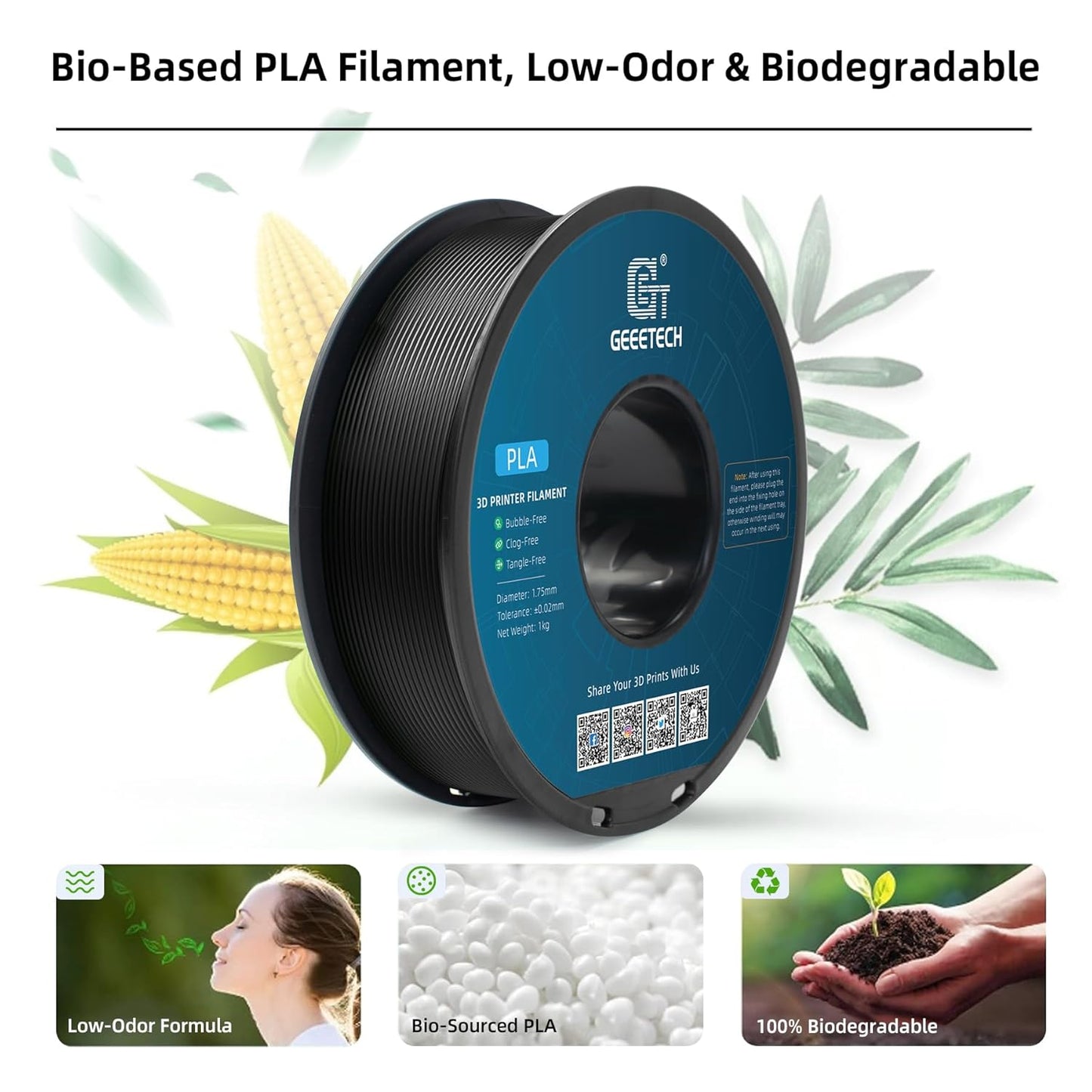 Geeetech PLA Filament 1.75mm, Neatly Wound Black 3D Printer Filament, Tangle-Free 1kg Spool (2.2lbs), Dimensional Accuracy +/- 0.02mm, Fits Most FDM 3D Printers