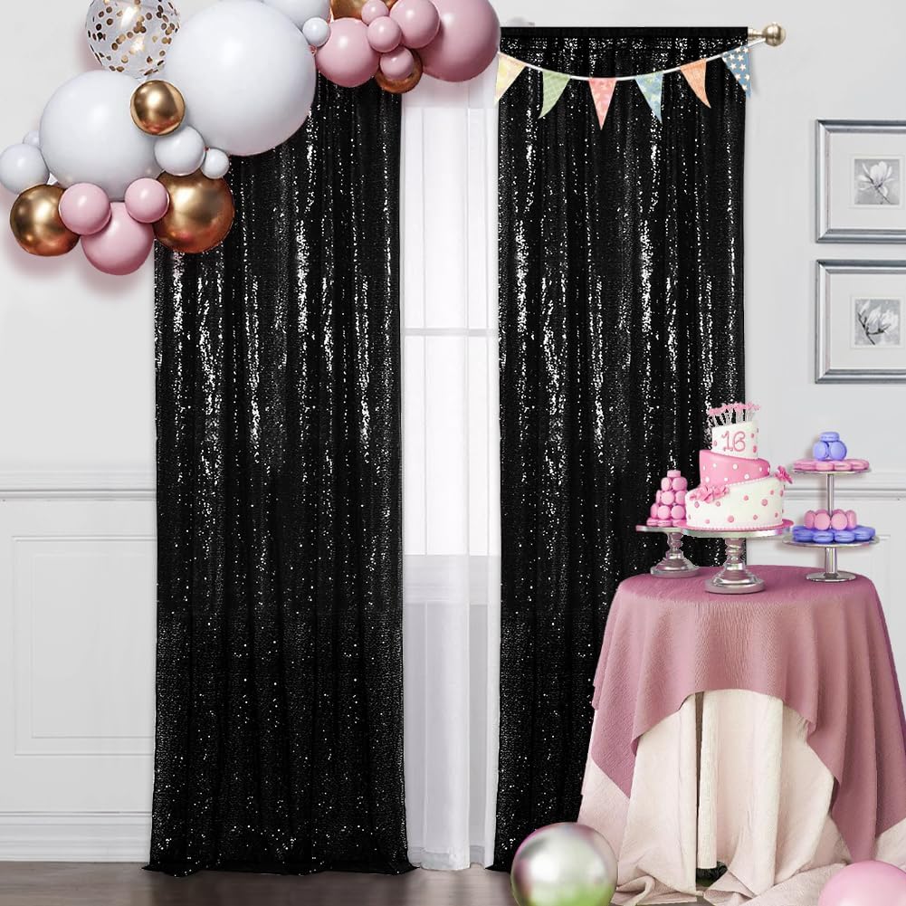 SquarePie Sequin Backdrop Curtain Non-Transparent Background Sparkly for Halloween Party 2FT x 8FT Black 2pcs