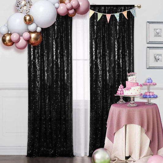 SquarePie Sequin Backdrop Curtain Non-Transparent Background Sparkly for Halloween Party 2FT x 8FT Black 2pcs