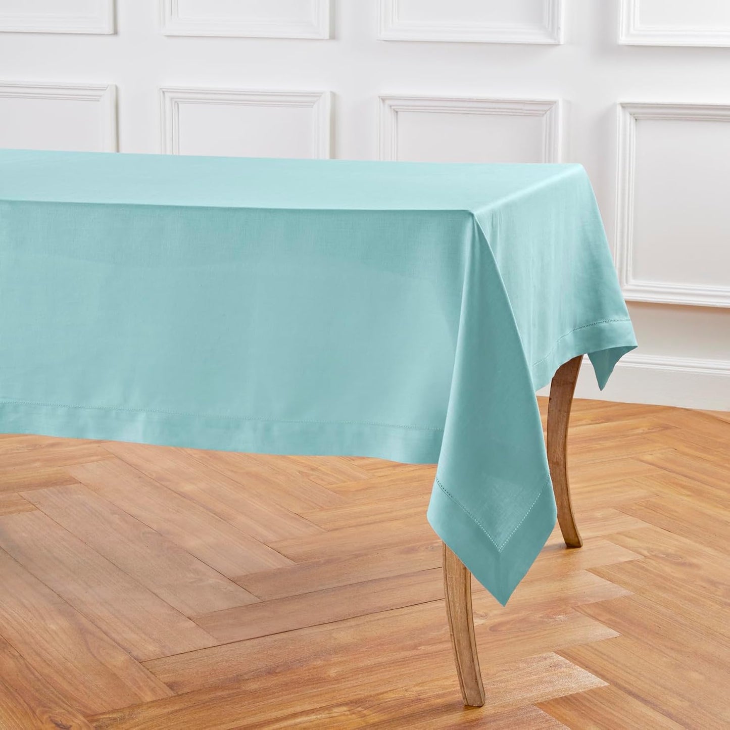 Solino Home Linen Aqua Blue Tablecloth 54 x 72 Inch - Classic Hemstitch, 100% Pure Linen Rectangular Tablecloth - Machine Washable Table Cloth