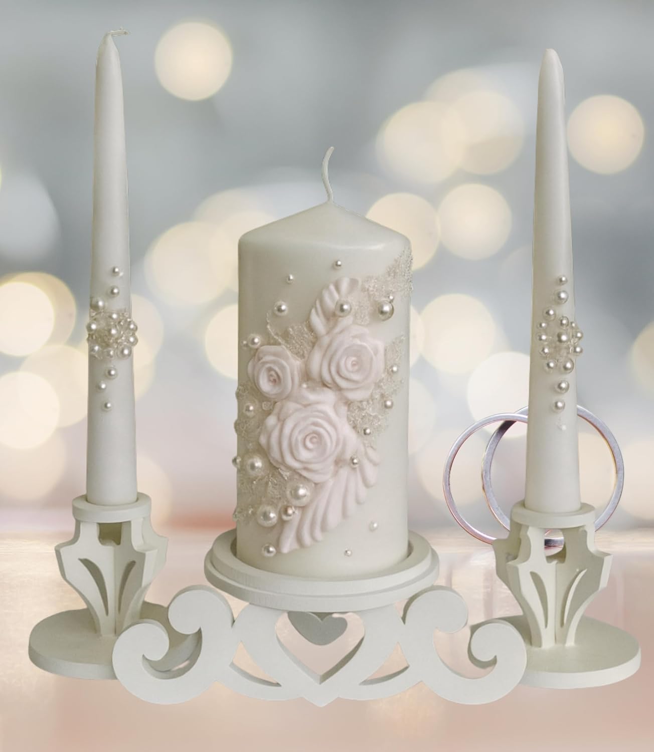 Unity Candle Set - Wedding Ceremony & Reception – 6” Pillar & Two 10” Taper Candles – Long Burning Unity Candles for Marriage Ritual – Handmade in USA – White|Florals|Classic