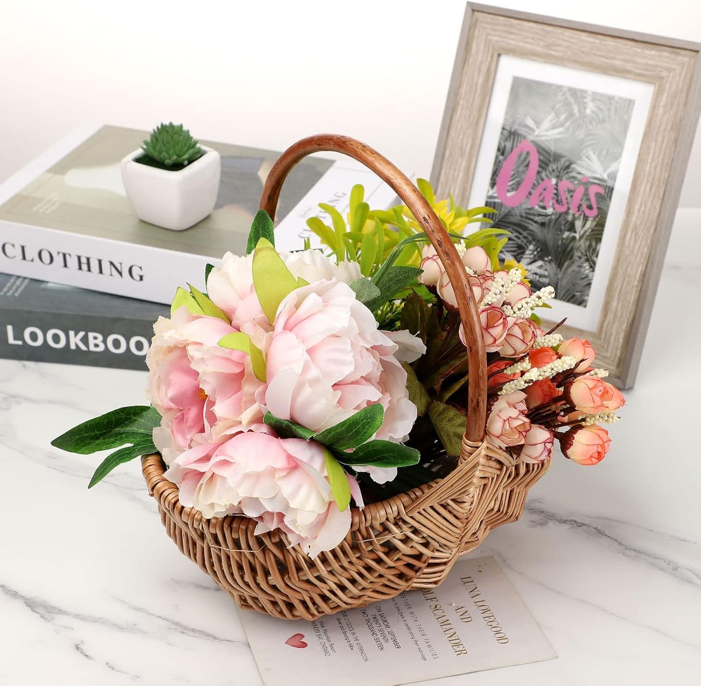 DULRLLY Handwoven Flower Basket with Handle, Willow Storage Basket Empty Wicker Picnic Basket with Plastic Insert, Easter Basket Wedding Flower Girl Baskets for Home Party Decor