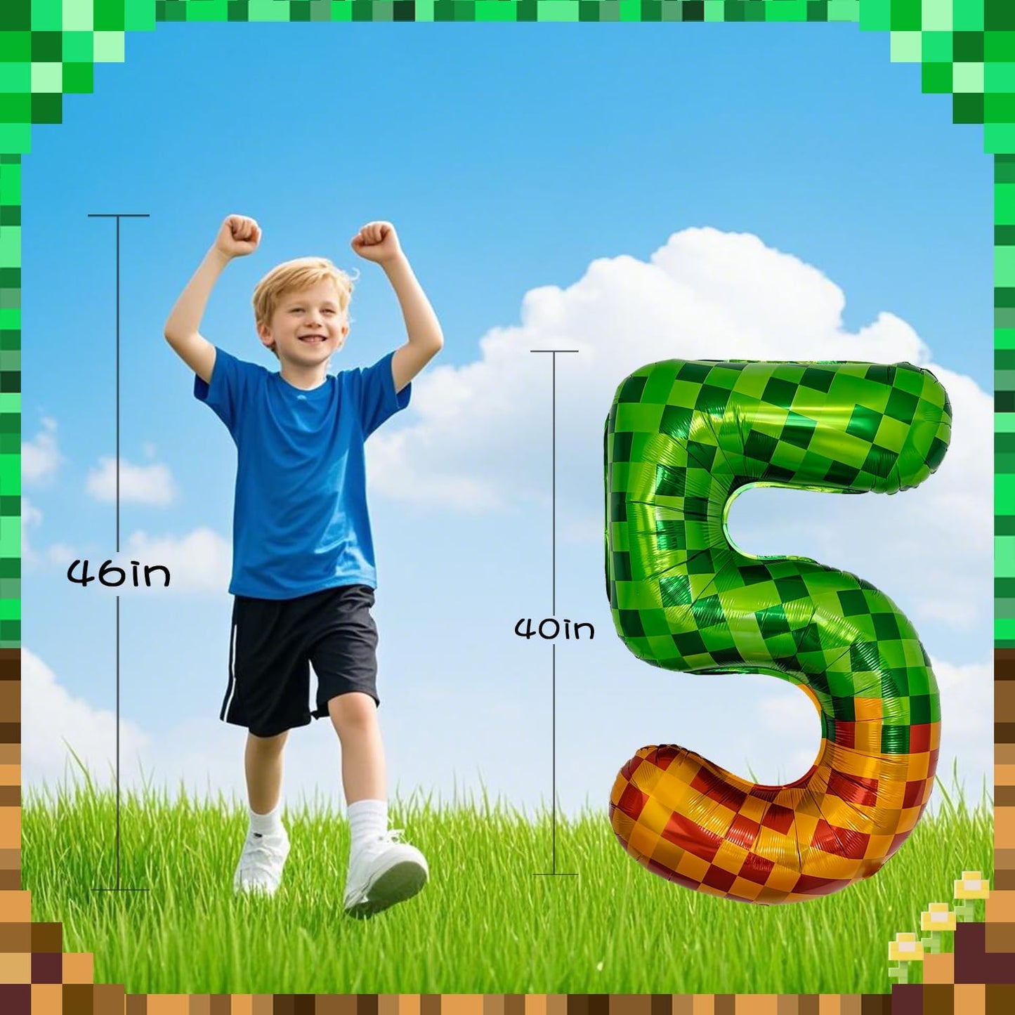 Pixel & TNT Theme 40in Giant Number Balloons - Foil Mylar Birthday Party Decorations for Kids Adults Cumpleaños, Block Style Pixel Art Shape Balloon Decor Supplies (Pixel, Number 5)