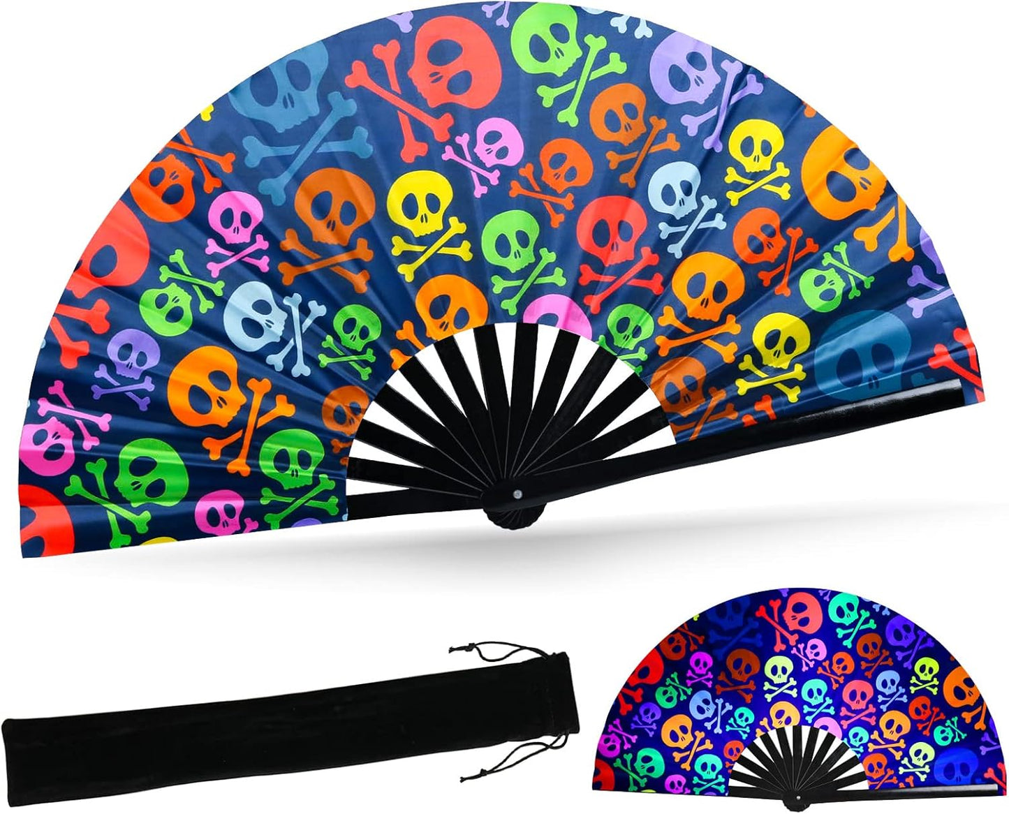 SYNTECSO Folding Hand Fan for Rave, UV Glow Fan, Large Bamboo Fan for Drag Queen, Women and Men Gift，Chinese Japanese Clack Fan for Parties, Music Festivals, EDM and Decoration