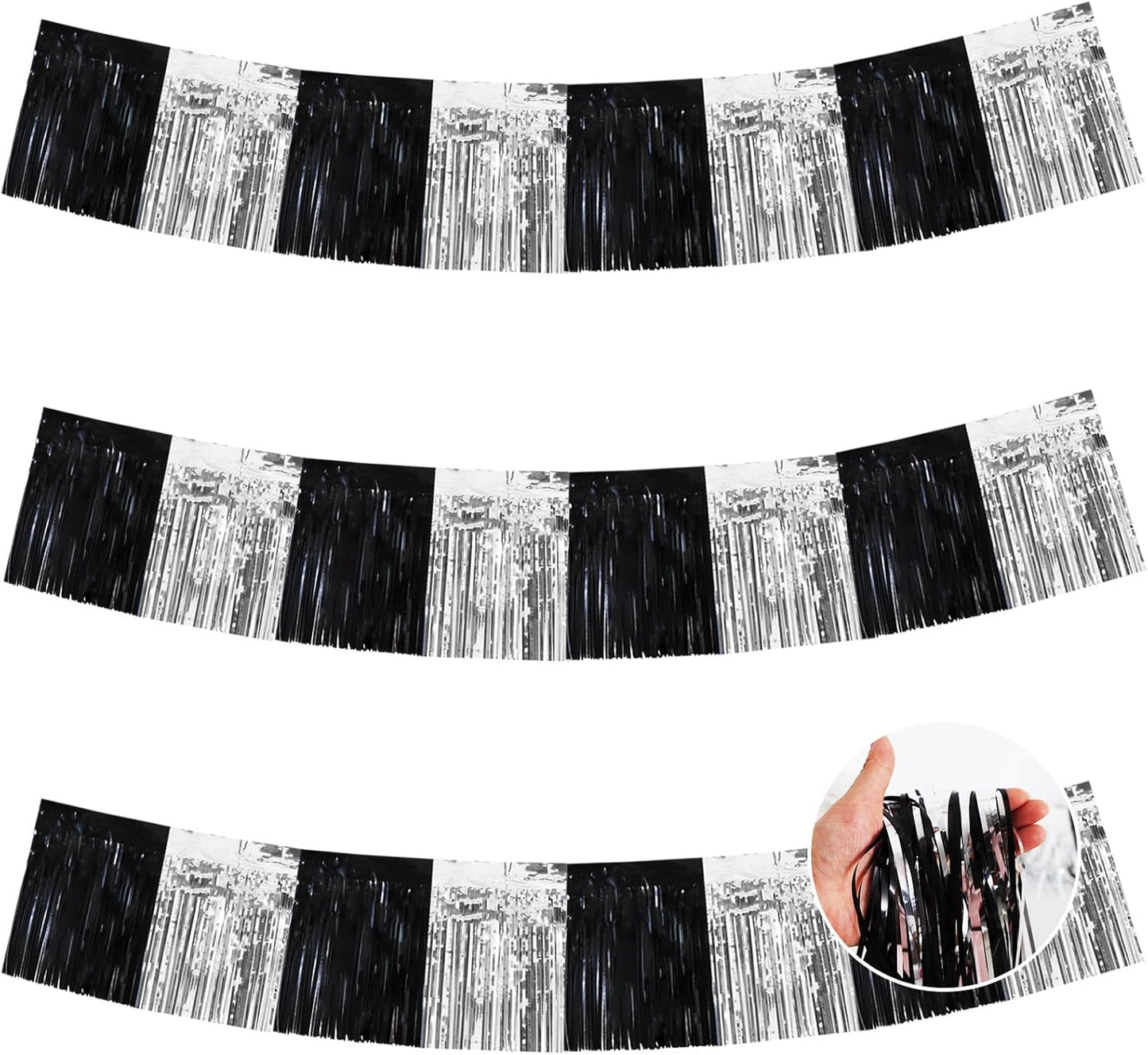 BEISHIDA 3 Packs Metallic Foil Fringe Garland Black Silver Wall Hanging Tinsel Fringe Banners for Car Floats Bridal Shower Wedding Birthday Easter Graduation Holiday Party Decoration(30 Feet)