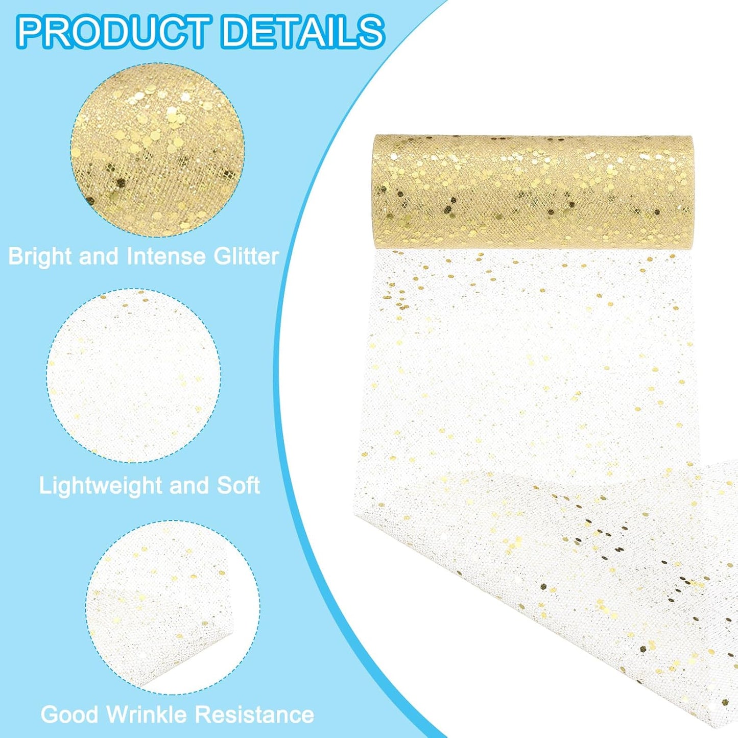 PATIKIL Tulle Fabric Rolls, 6 Inch by 10 Yards Fabric Spool Tulle Sparkling Ribbon Netting Sequin for DIY Tutu Skirts Crafts Wedding Party Decorations, Champagne Gold