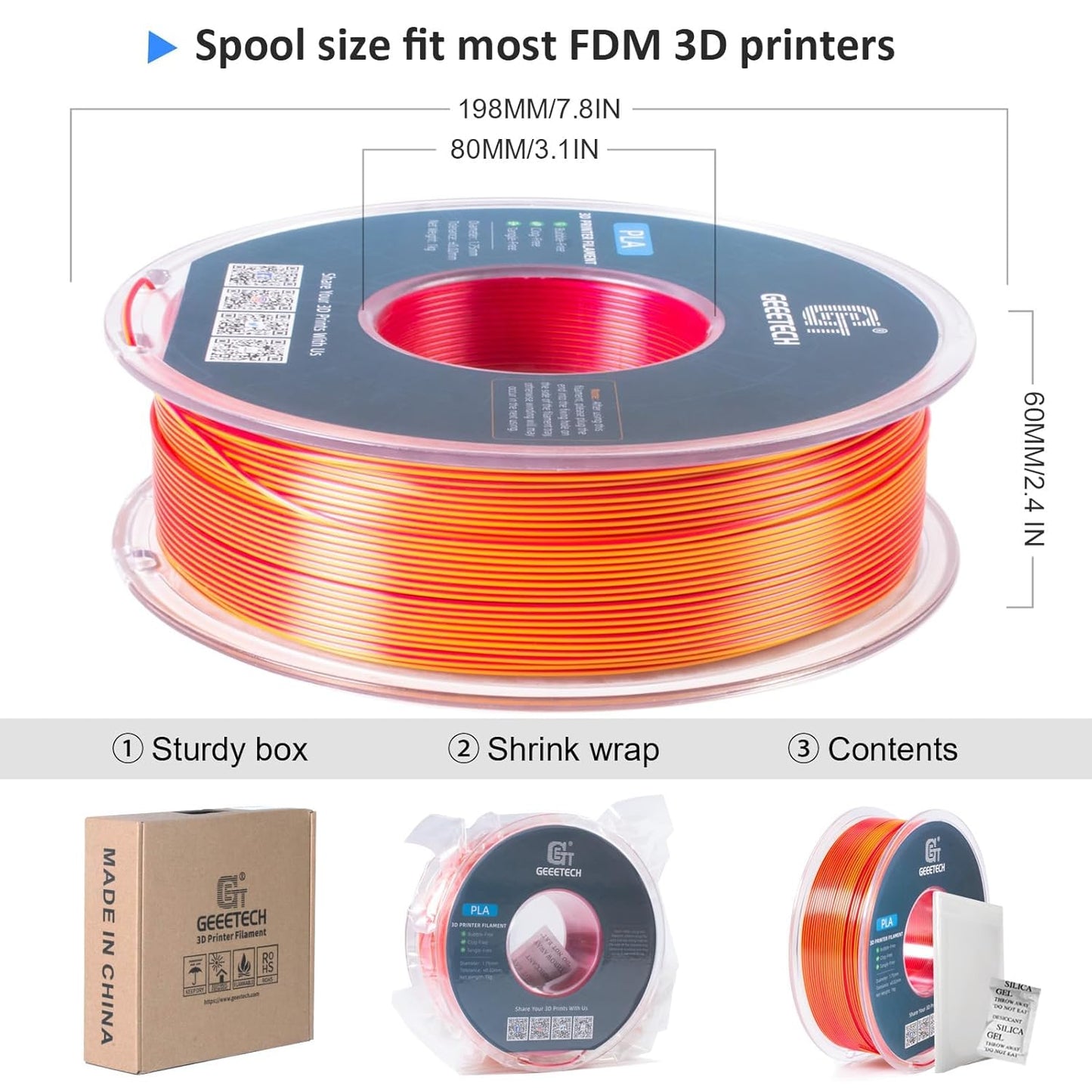 Geeetech Silk PLA Filament 1.75mm Silk Dual Color Filament, Coextrusion Dichromatic Metal-Like Shiny Consumable 1kg (2.2lbs) 1 Spool, Dimensional Accuracy +/- 0.02 mm, Gold Red