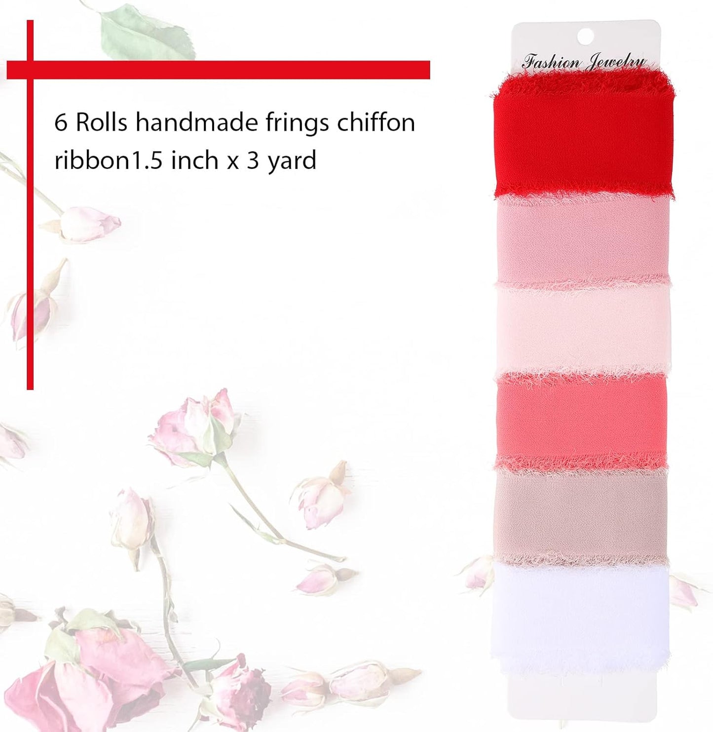 6 Rolls Handmade Fringe Chiffon Silk Ribbon 1.5" x 3 Yd Colorful Ribbon for Wedding Invitations, Bridal Bouquets, Gifts Wrapping, DIY Crafts (Pink Red Set)