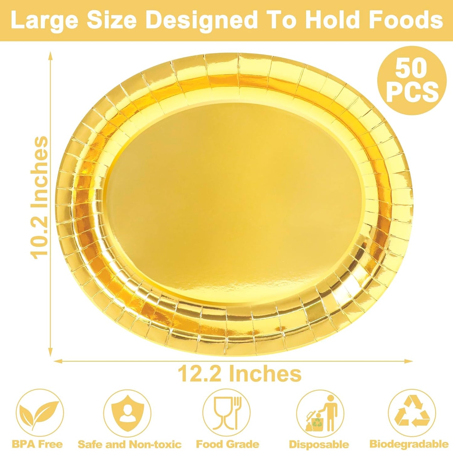 QZYL 50 Pcs Gold Foil Paper Plates, 12.2'' X 10.2'' Oval Large Paper Plates, Dinner Plates Party Decorations Disposable Plates for Birthday Wedding Picnic Graduation Ceremony Anniversary Daily Use