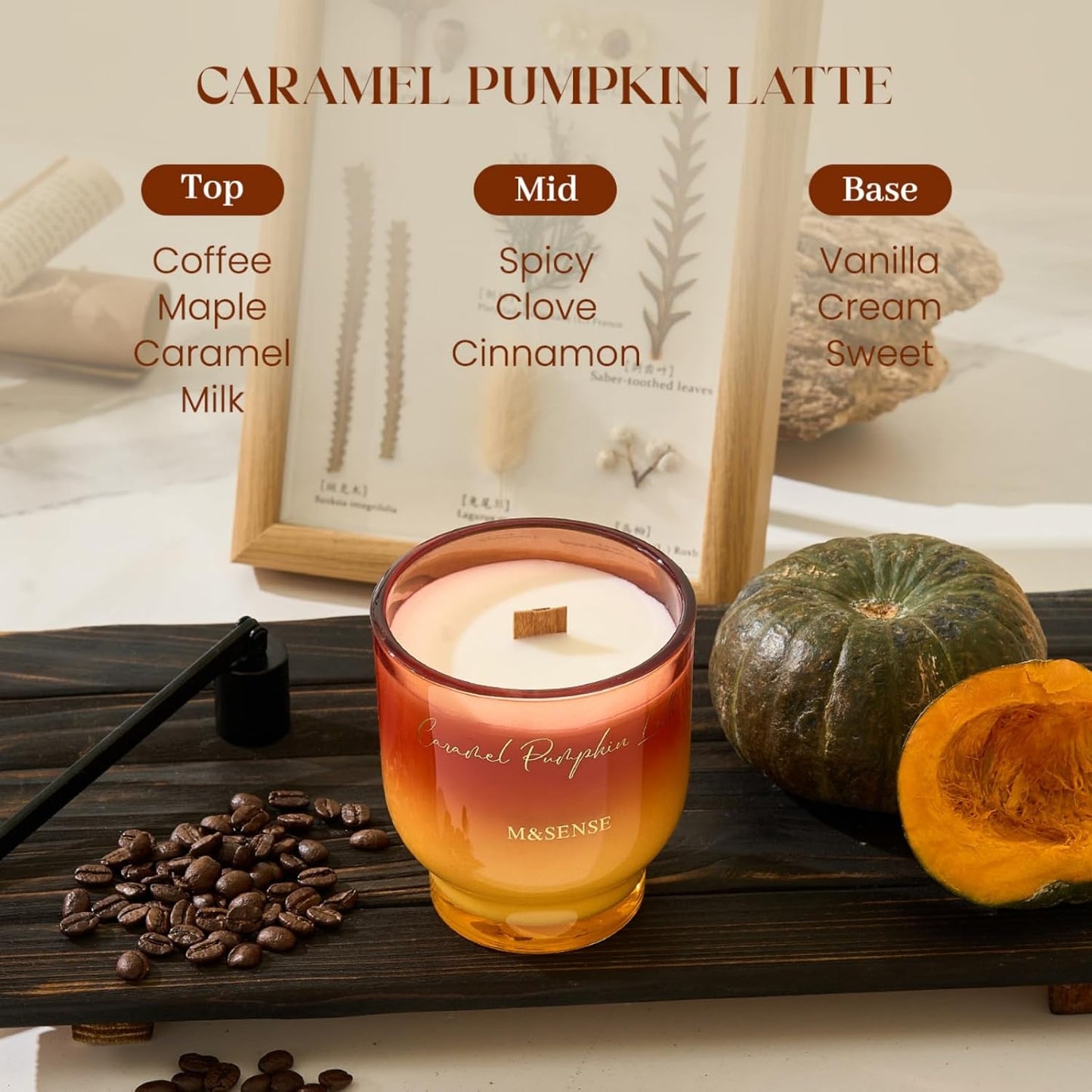 M&SENSE 9.88oz Natural Soy Wax Jar Candle with Wooden Wick | Caramel Pumpkin Latte Scent | 55-Hour Burn & Long-Lasting Burn | Housewarming Gift for Men and Women