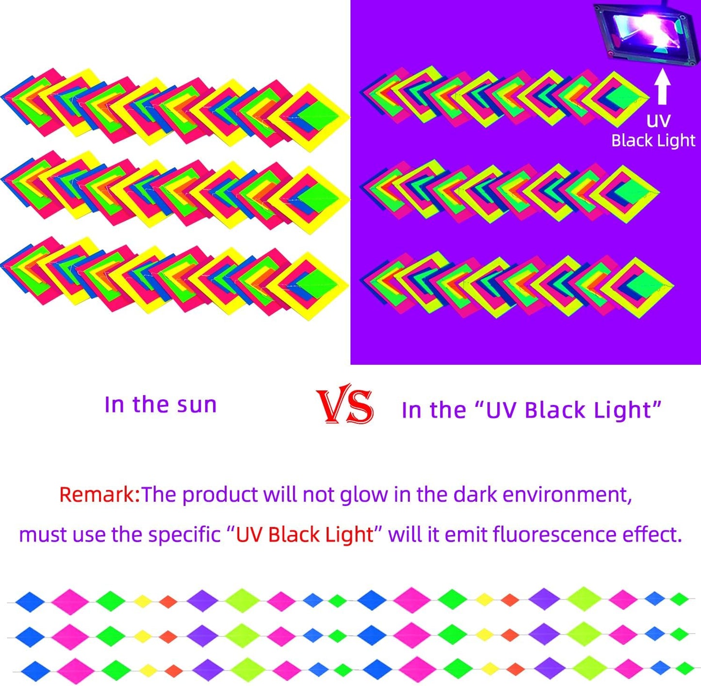 123feet UV Paper Neon Streamers & Garlands - Diamond Shape Black Light Decorations, Glow Party Favors & Supplies for Wedding & Birthday Celebrations
