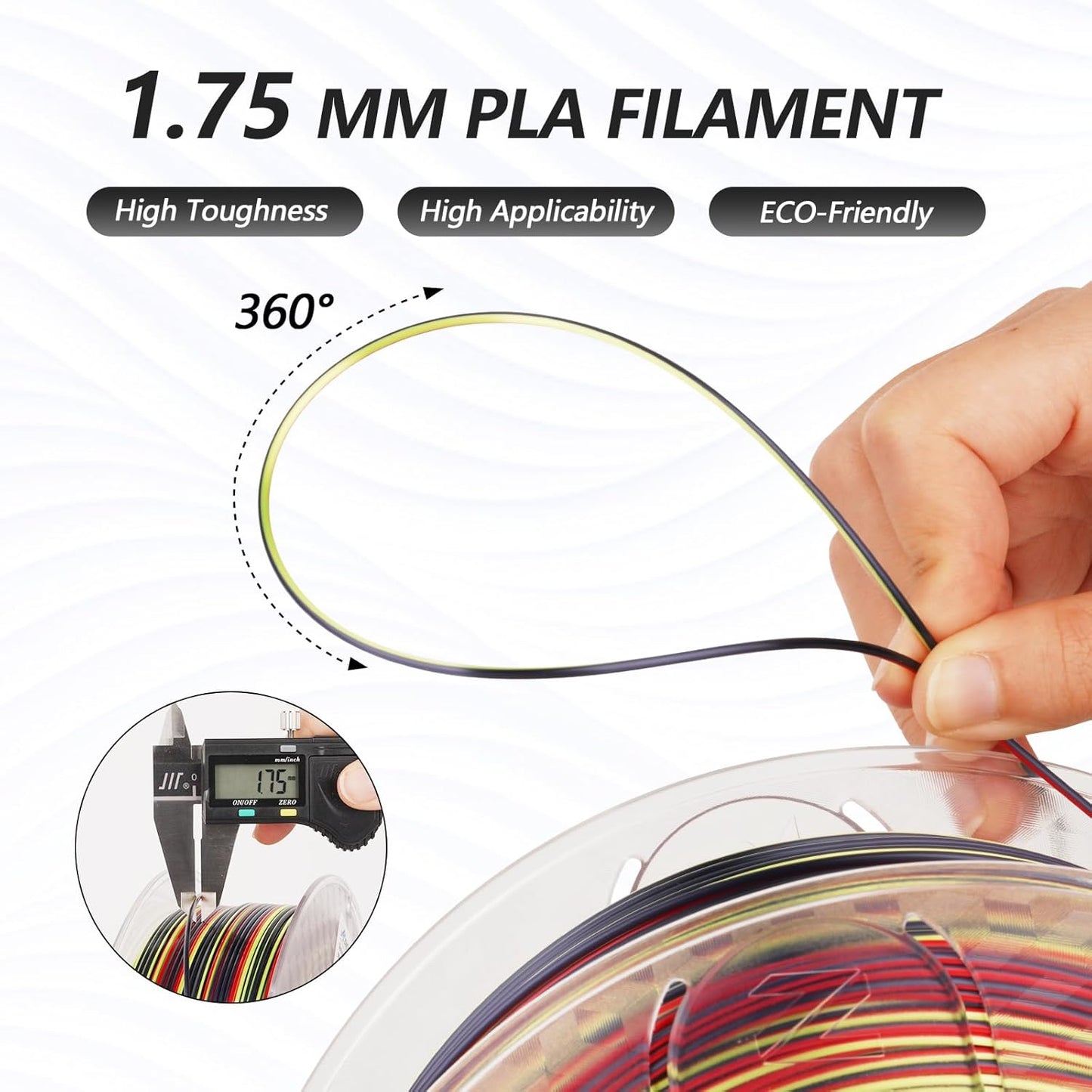 AMOLEN Silk PLA 3D Printer Filament, Shiny Multicolor Rainbow PLA Filament 1.75mm, Fast Color Change PLA 3D Printing Filament for Most FDM 3D Printer, Black Red Yellow, 1kg (2.2lbs)
