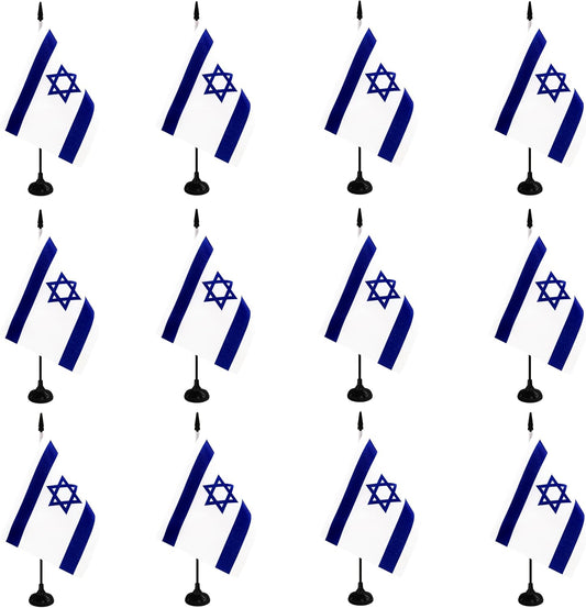 Israel Desk Flag, 12 Pack Israeli Table Office Flag with Black Solid Pole and Stand Base, International Country Flag, Festival Celebration, Classroom Meeting Desktop Decor (Israel)