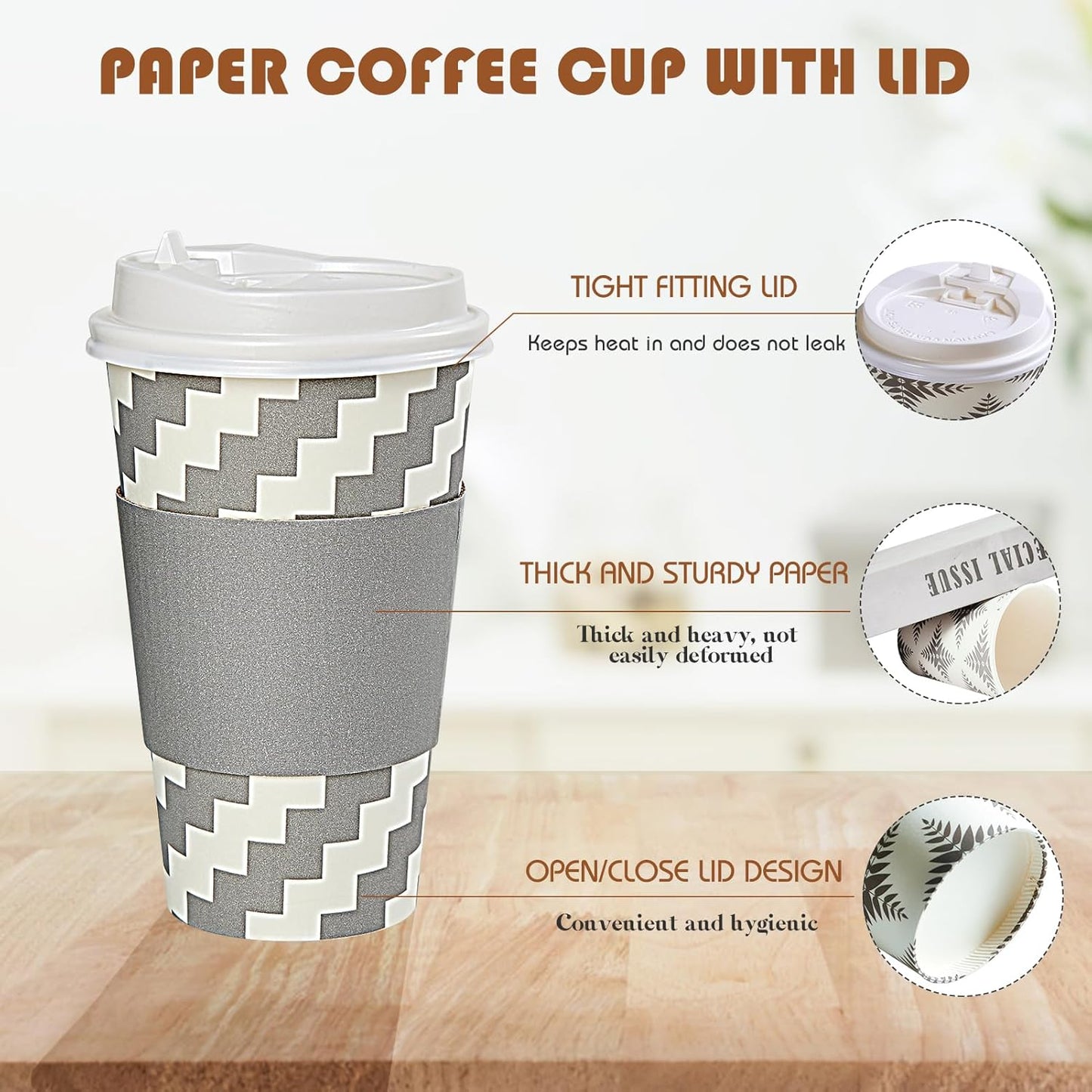 LITOPAK 100 Pack 16 oz Paper Coffee Cups, Disposable Coffee Cups with Lid, Sleeve, and Straws for Home, Stores, and Cafes