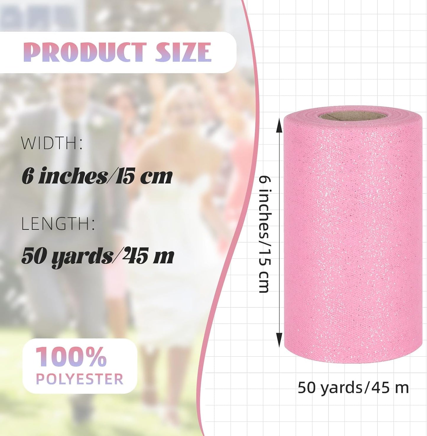 Glitter Tulle Rolls 6” by 50 Yards Sparkle Tulle Fabric Ribbon Sequin Tulle Netting Rolls for DIY Tutu Skirt Wedding Birthday Party Decoration (Pink)