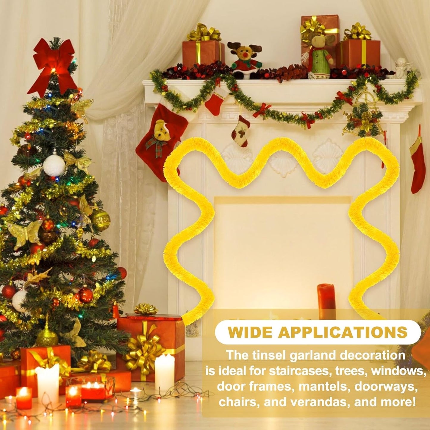 50 Feet Macaron Yellow Christmas Tinsel Garland, Metallic Foil Twist Banner Wall Hanging Tinsel Streamers Backdrop for Parade Floats, Christmas, Mother's Day, Birthday Party Decorations(2in x 50ft)