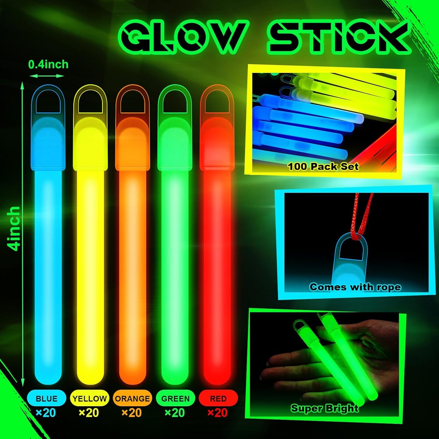 Lewtemi 4" or 6" 100 Pack Bright Glow Sticks Bulk, Glow in The Dark Party Supplies Birthday and Holidays Party Favors