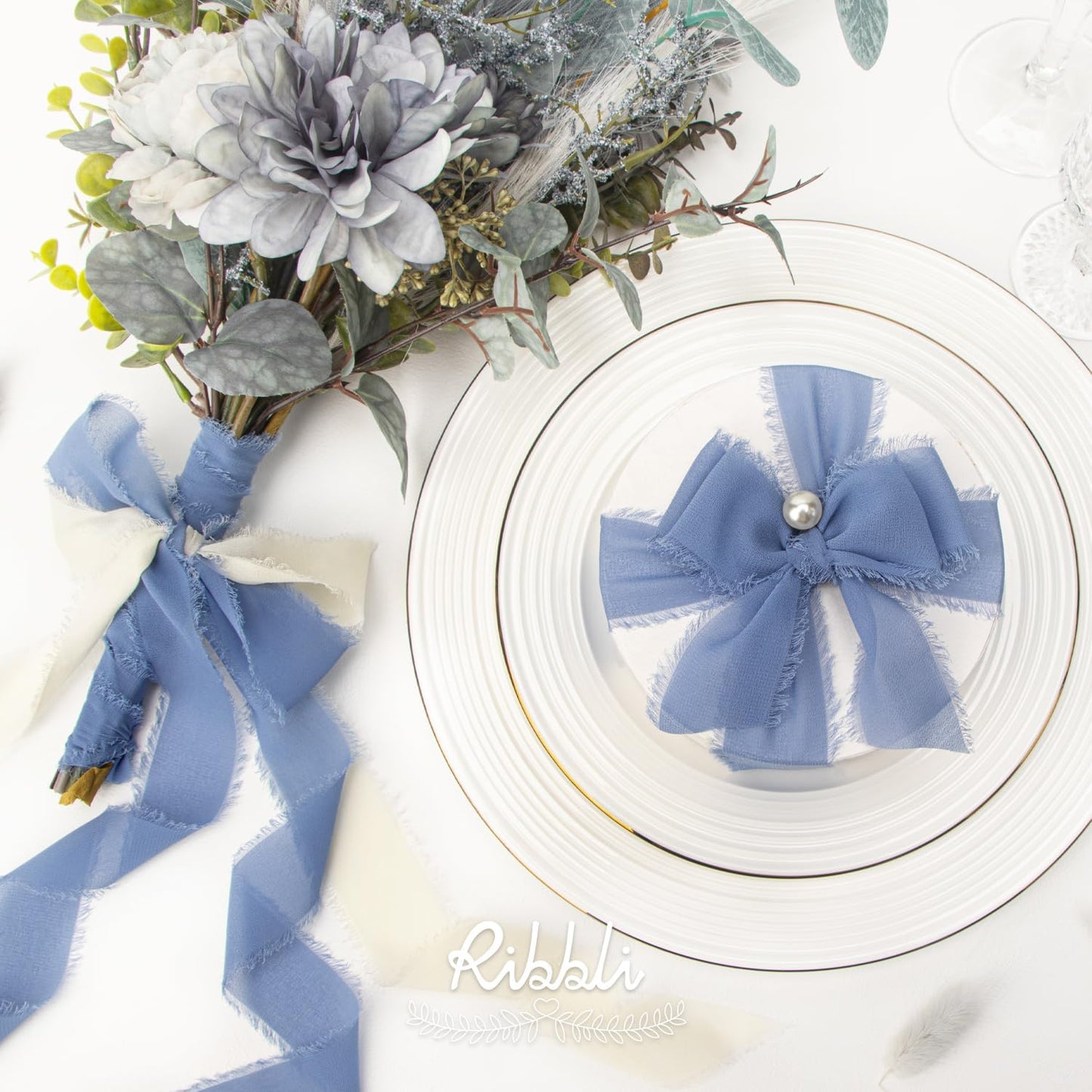 Ribbli Chiffon Silk Ribbon, 1.5 in x 30 Yards, White/Slate Blue/Dusty Blue Fringe, Wedding Invitations, Bridal Bouquets, Flower Arrangement