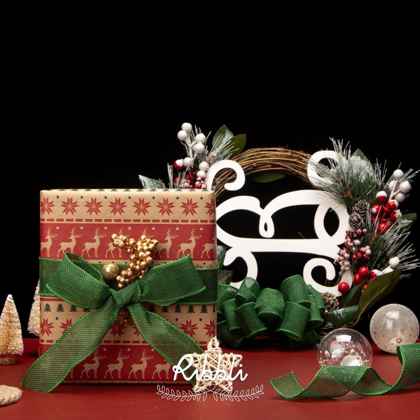 Ribbli Emerald Green Burlap Wired Ribbon, 1-1/2” Inch x Continuous 20 Yard, Green Wired Ribbon for Wreaths,Big Bows,Tree Decoration,Outdoor Decoration