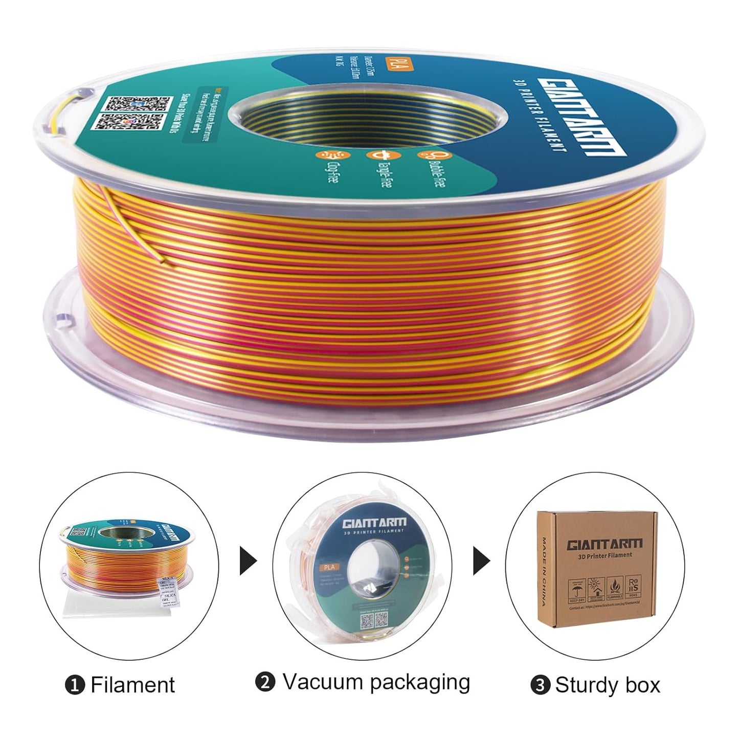 GIANTARM Tri-Colors Silk Pla Filament, 3D Printer Filament 1.75mm +/-0.02mm, 1Kg (2.2lbs) Spool, Vacuum Packaging (Red+Yellow+Blue)