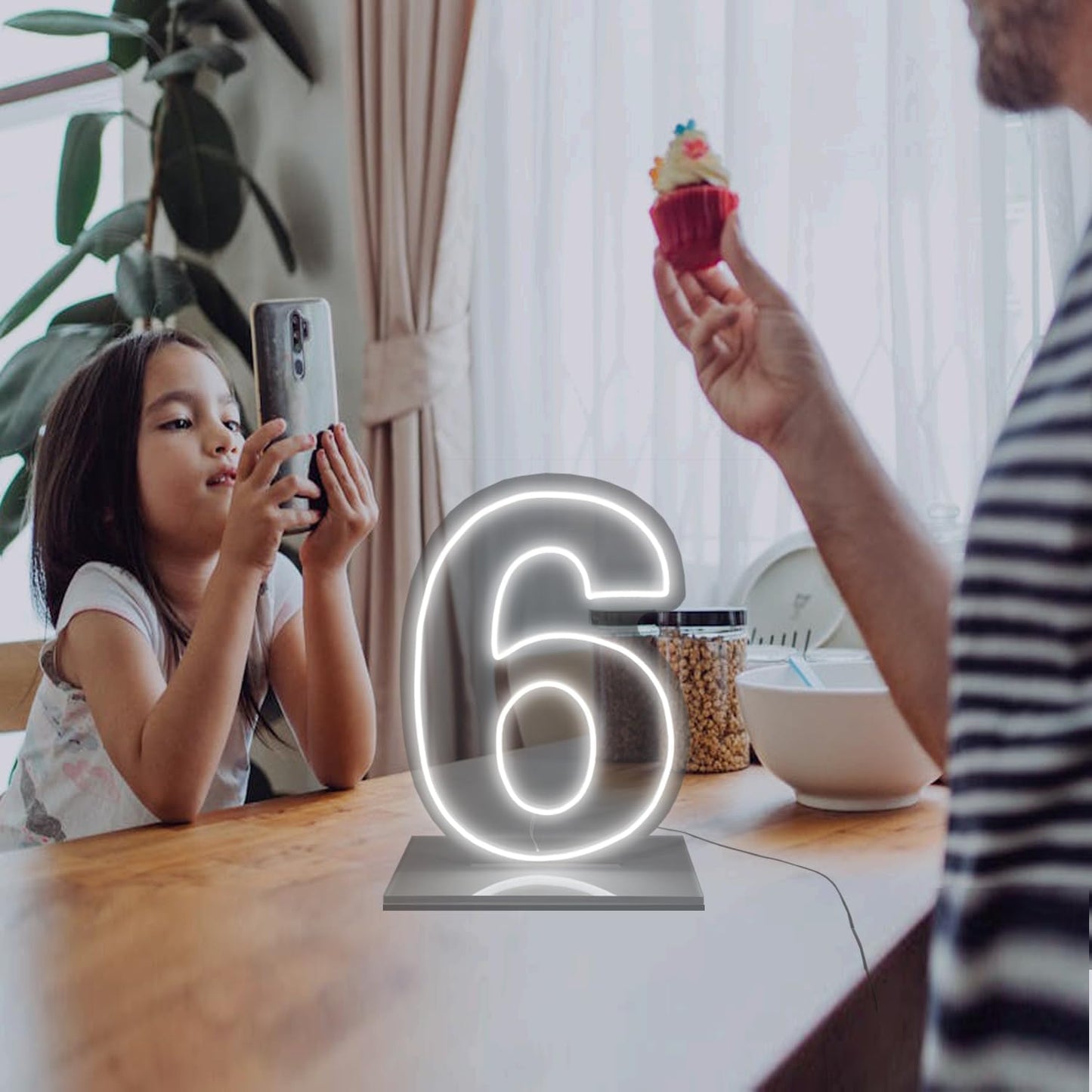 Number 6 Neon Sign for Birthday, 16.54" Cool White USB Battery Powered Led Neon Sign for Party Wedding Anniversary Decor Light Sign (Number 6)