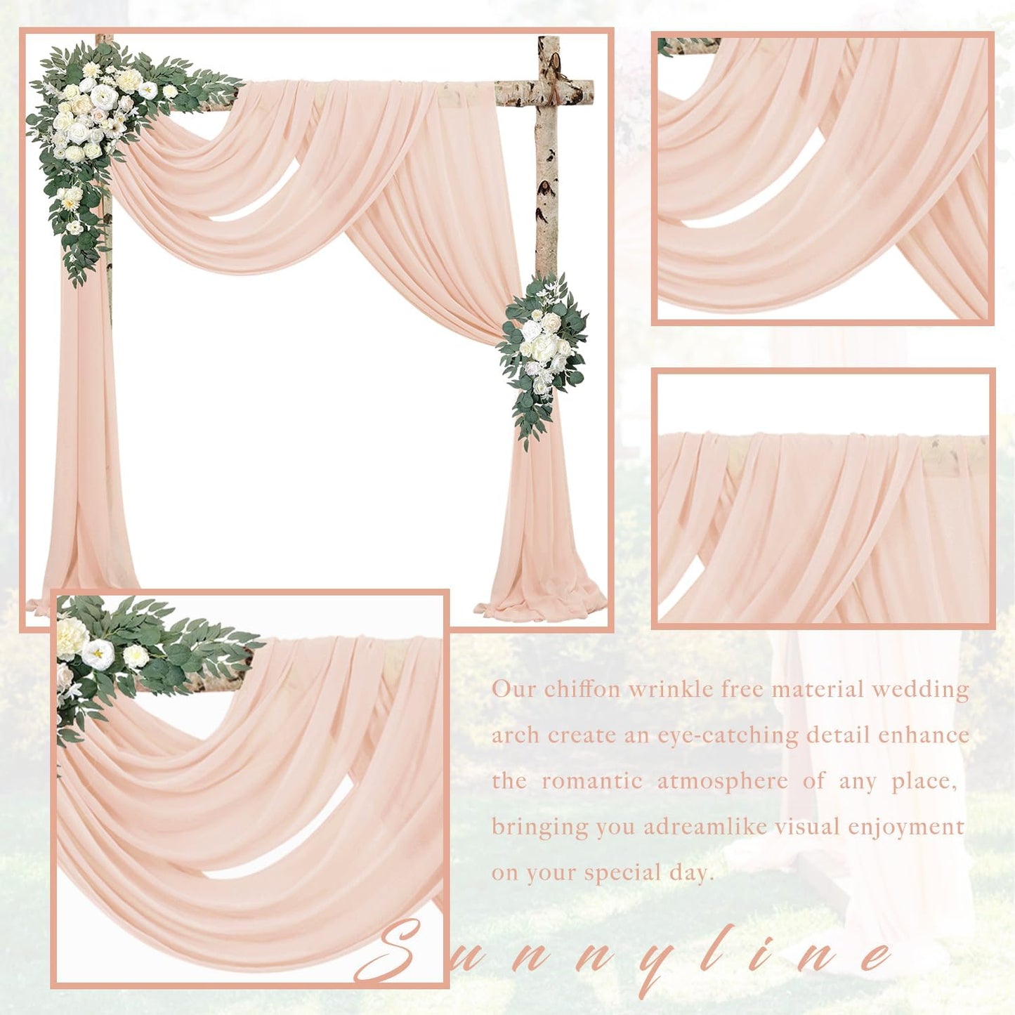 4 Panels 20Ft Length x 28" Width Light Peach Wedding Arch Draping Fabric Arch Drapes Chiffon Fabric Sheer Curtains Backdrop for Party Bridal Decorations Wedding Ceremony Ceiling Stage Reception Decor