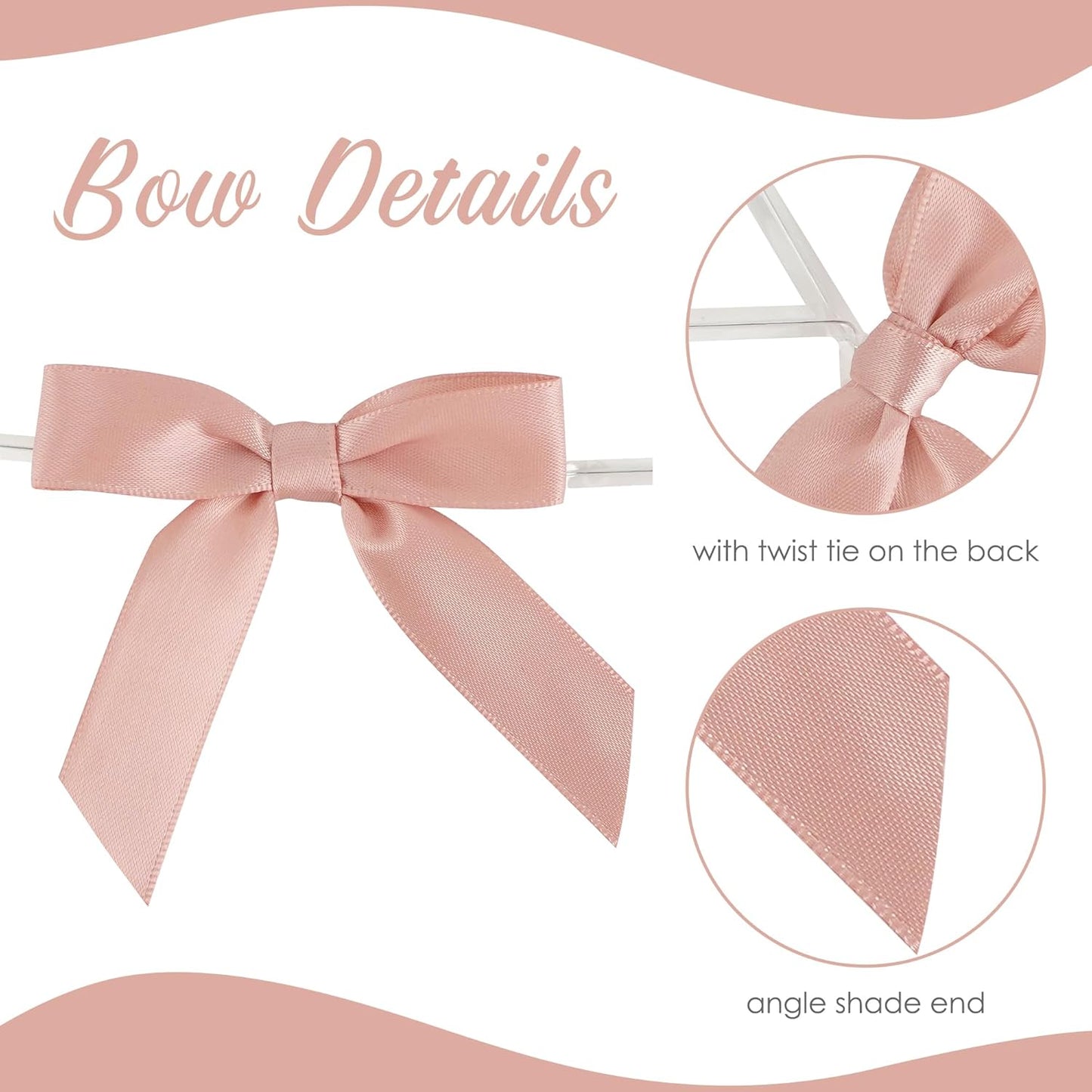 AIMUDI 5 Colors Dusty Rose Bows 2.5" Pink Satin Twist Tie Bows for Gift Wrapping Premade Satin Bows for Making Crafts Treat Bag Baby Shower Birthday Party Wedding Decoration, 50 PCs