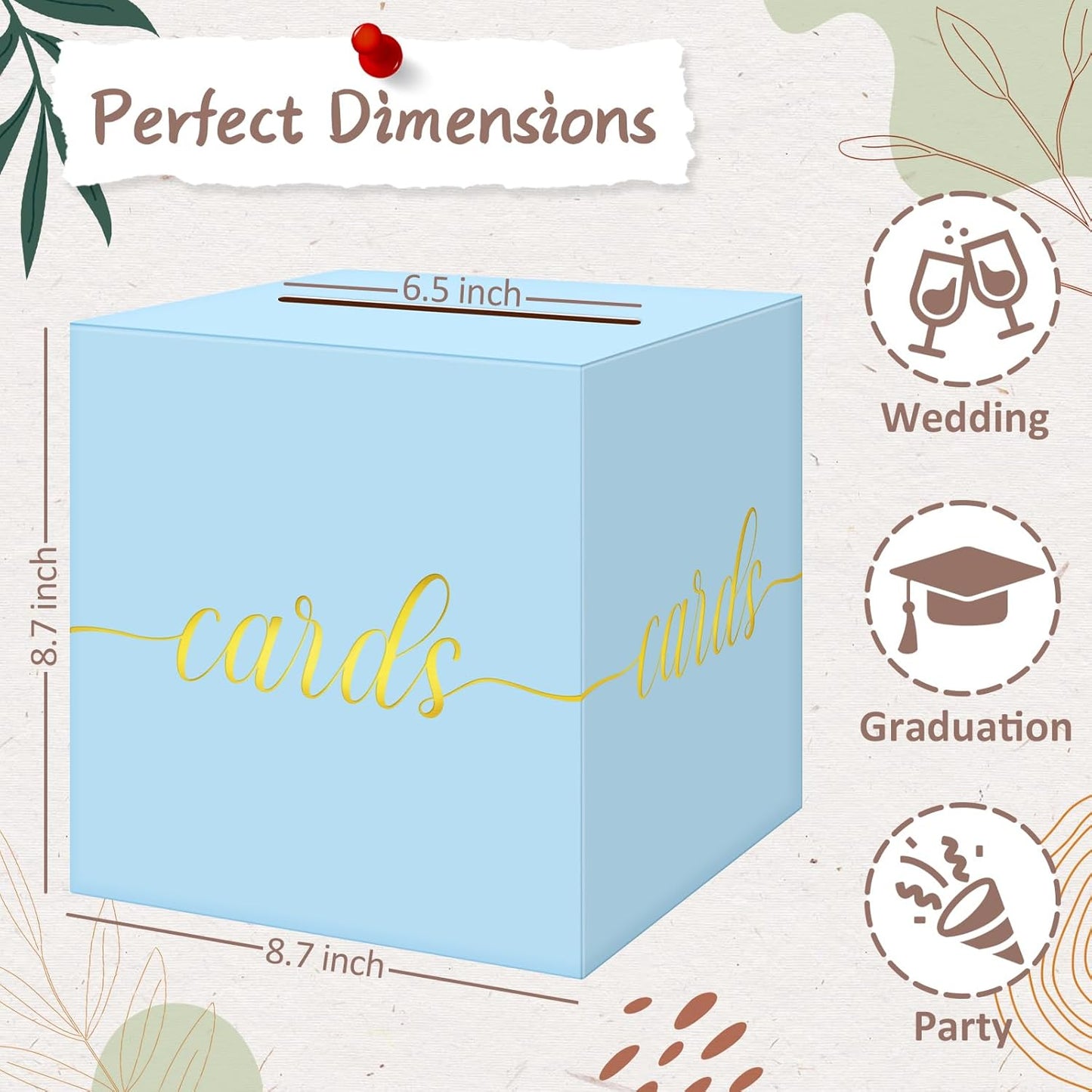 QIKSION Light Blue Wedding Card Box, Gold Foil Gift Card Box for Party, Wedding Reception, Birthday, Baby Shower, Raffle, Graduation