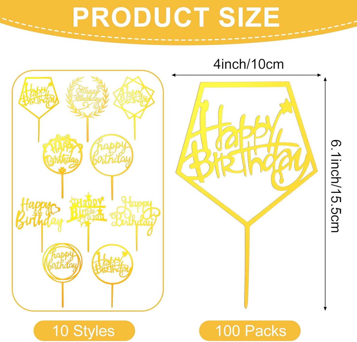 100 Pcs Gold Happy Birthday Cake Toppers Gold Acrylic Cake Topper Glitter Birthday Cake Decorations Double Sided Cake Topper for Children Supplies Accessories Decorations Figurines Ornaments