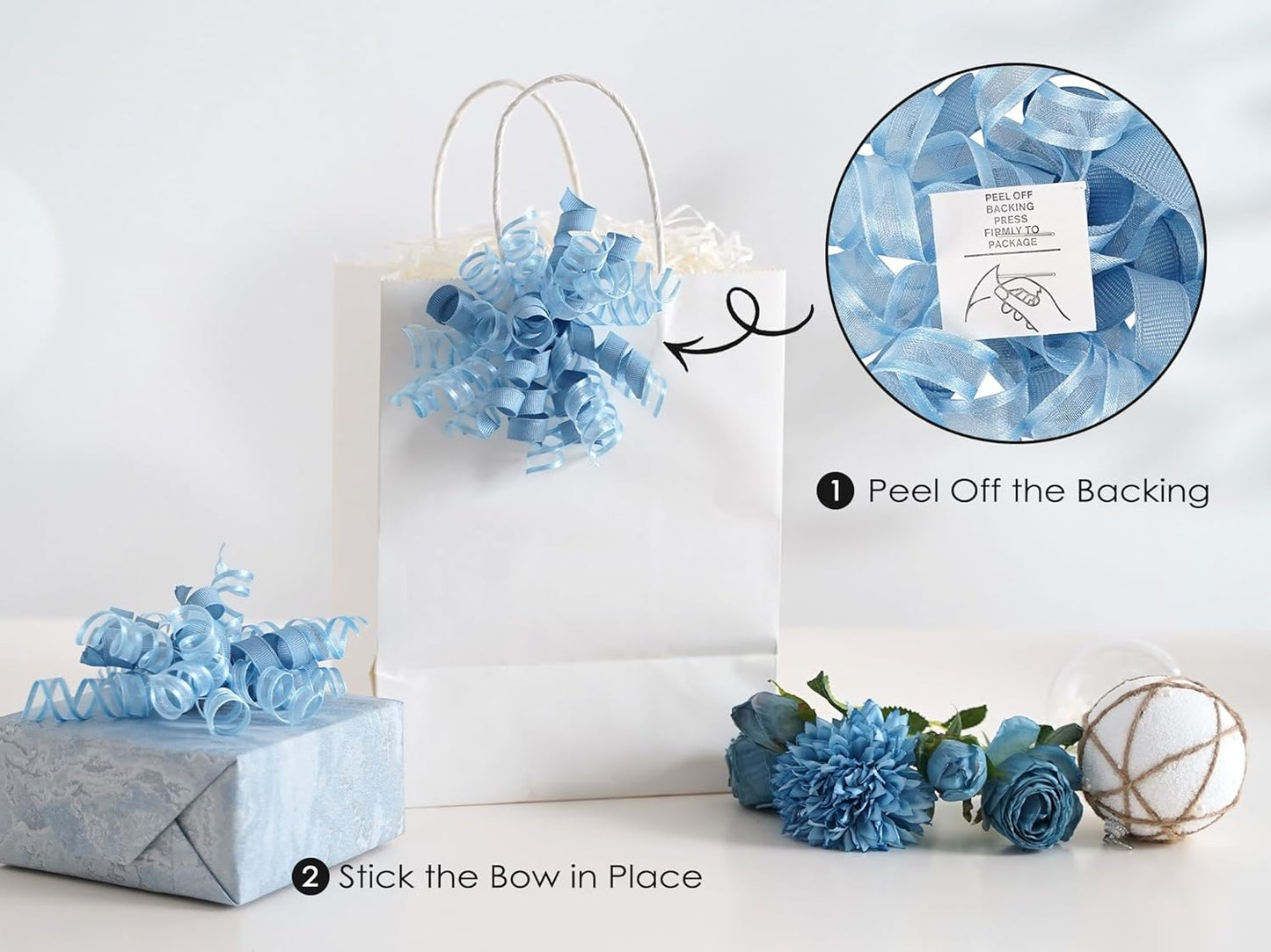 HUIHUANG Blue Gift Bows 5 inch x 8 Counts Dusty Blue Self-Adhesive Curly Ribbon Bows for Gift Wrapping, Presents, Paper Bag, Baby Shower Favors, Wrapping Accessories, Wedding Decor