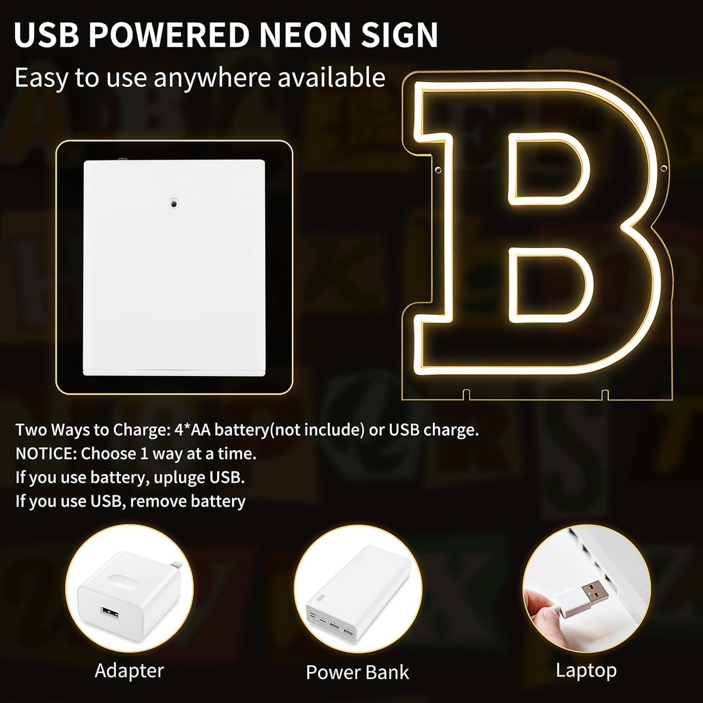 Light Up Letters B, Led Marquee Letter Lights Neon Sign, 13.9" Height Decorative Lighted Alphabet Number, Battery/USB Powered Led Letters Lights for Wedding, Birthday, Party, Christmas or Home Decor