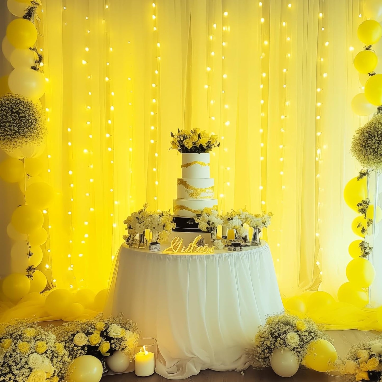 30×10ft Yellow Tulle Backdrop Curtain with Lights String for Parties, Sheer Photo Backdrop Curtains for Wedding Party Photography Background