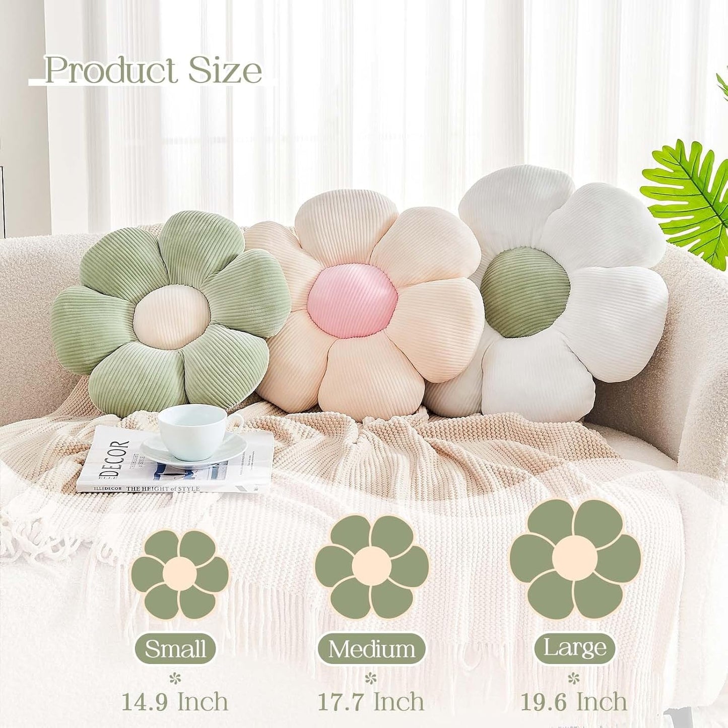 White Flower Pillow, 14.9" Cute Flower Shaped Floor Pillow, Aesthetic Floral Plush Daisy Decorative Throw Pillows for Bed Sofa Couch