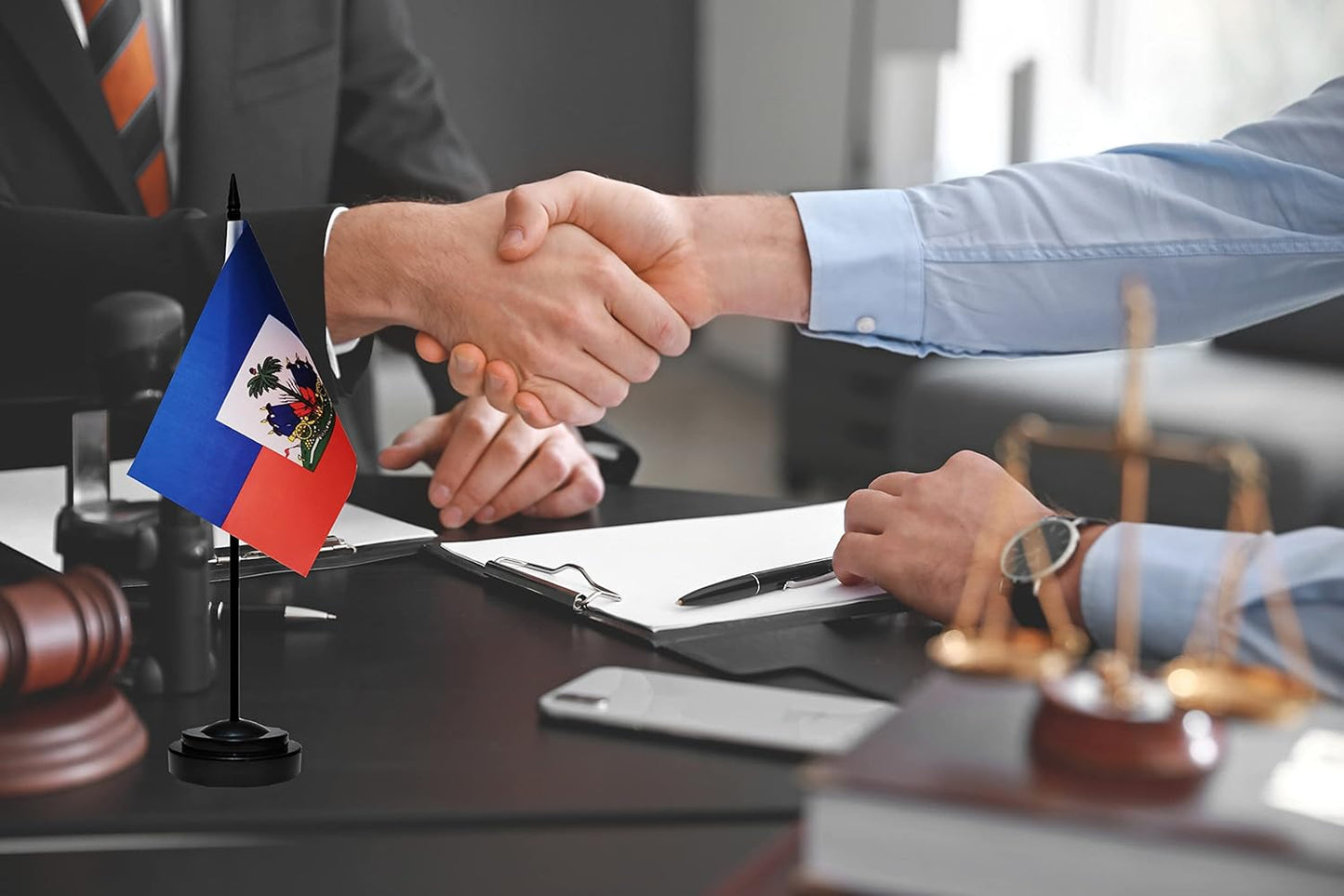 Haiti Haitian Deluxe Desk Flag Set Small Mini Miniature Haiti Haitian Table Desktop Flags With Solid Pole, Black Base and Spear Top(2 Pack)