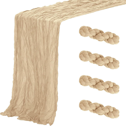 Aktor 4 Pack Beige Table Runner Boho Cheesecloth Table Runner Semi Sheer Gauze Fabric Runners for Wedding Birthday Baby Shower Party Boho Table Decoration（Beige）