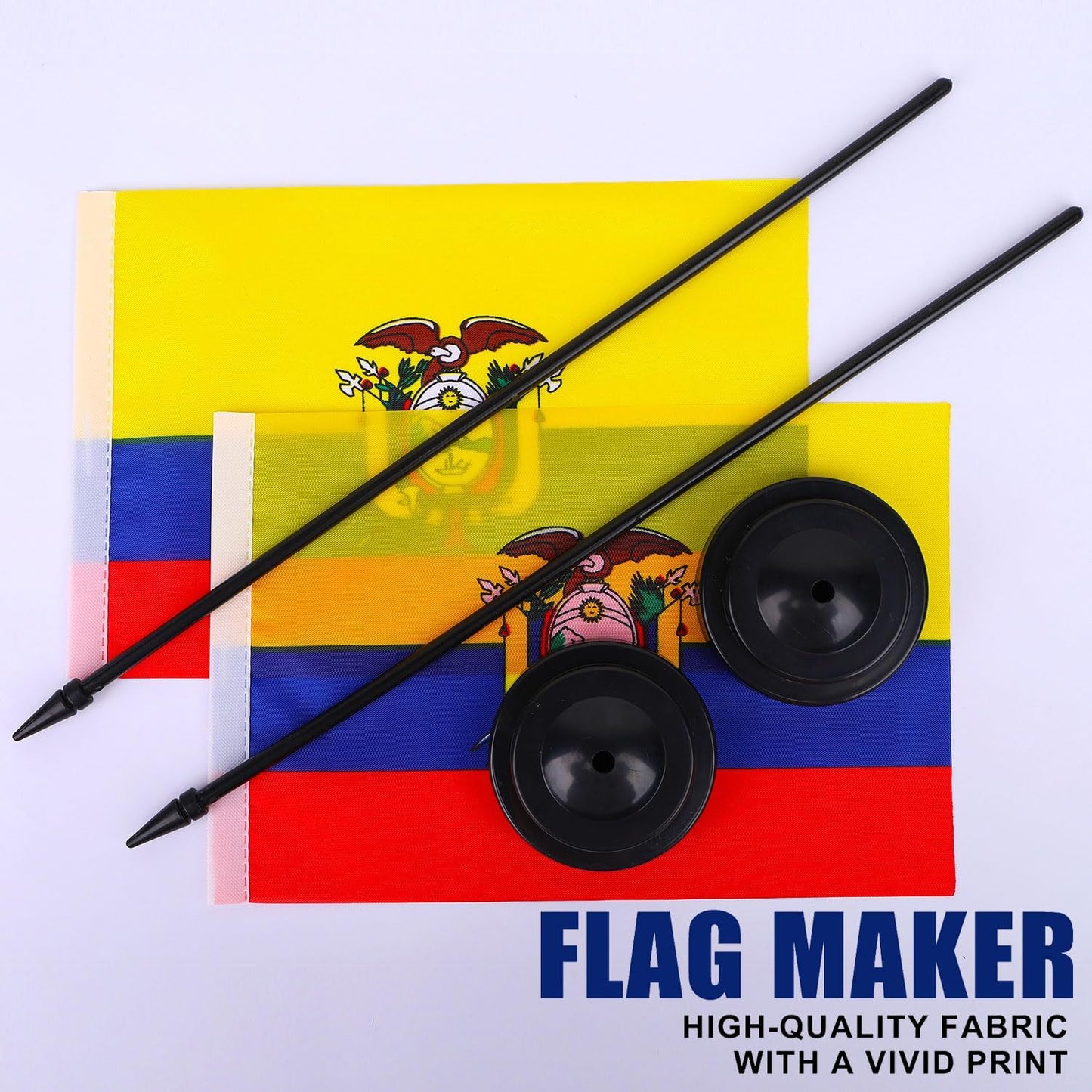 Ecuador Desk Flag 12" Solid Pole Deluxe Set Ecuadorians Flags Banner Mini Small Ecuador Office Table Flags with Black Stand Base Desktop Decorations(2Pack)
