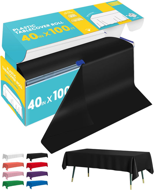 Black Plastic Table Cover Roll - 40IN x 100FT, Table Cloth for Rectangle Table with Slide Cutter, Plastic Table Cloth Disposable with Cut-to-Size Design for Weddings, Banquets, Parties